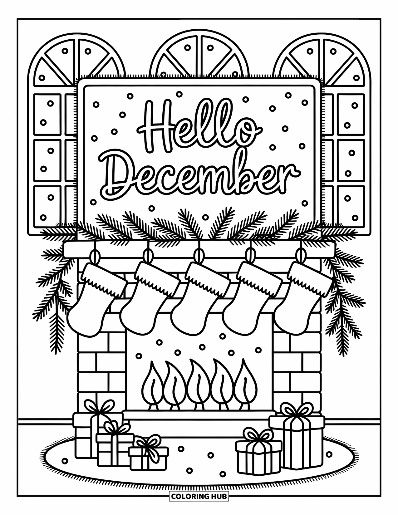 December Coloring Page for Adults: A fireplace with stockings and gifts rests beneath a "Hello December" frame