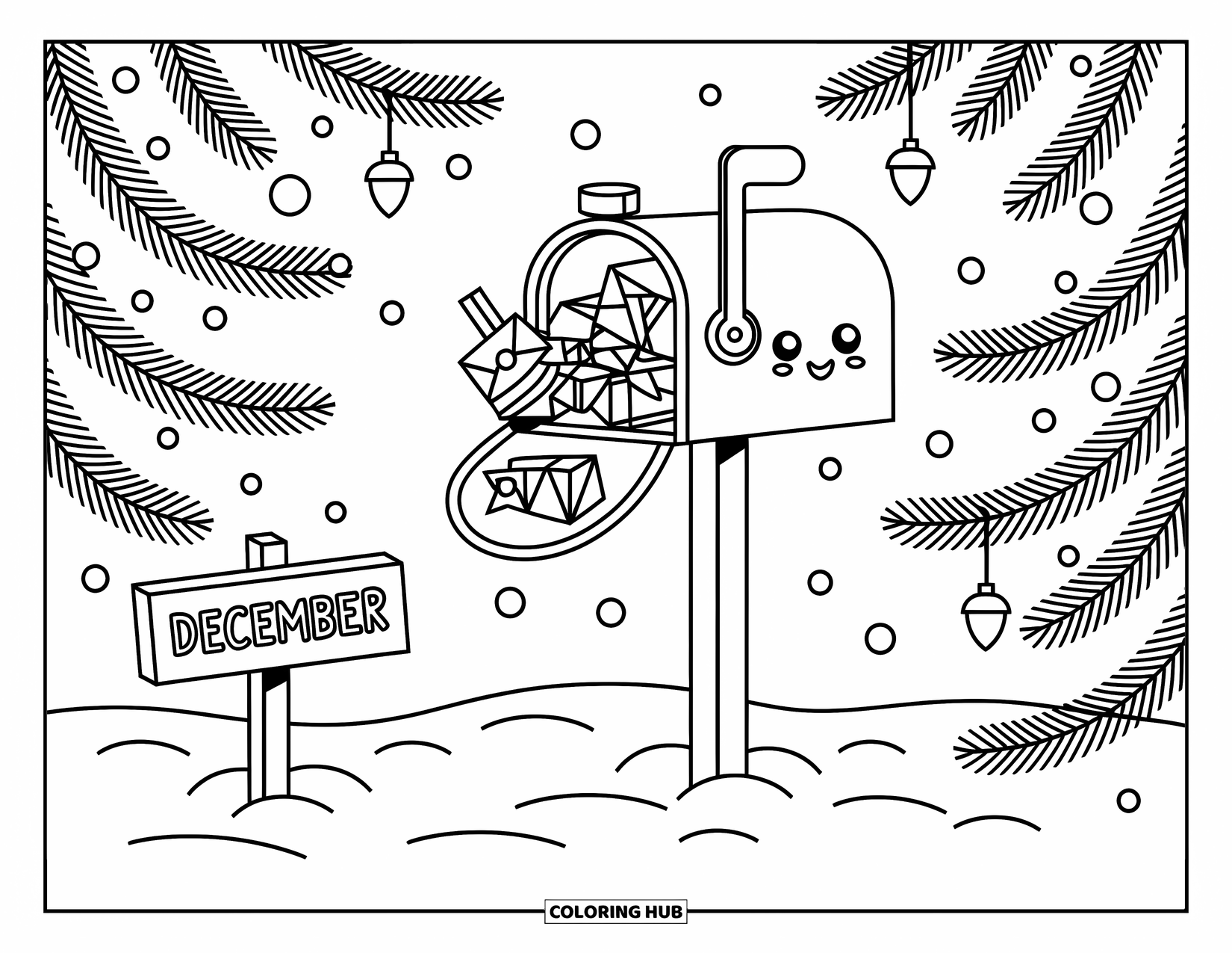 December Coloring Page for Adults: A mailbox full of letters stands beside pine trees and a bubbly "December" post sign