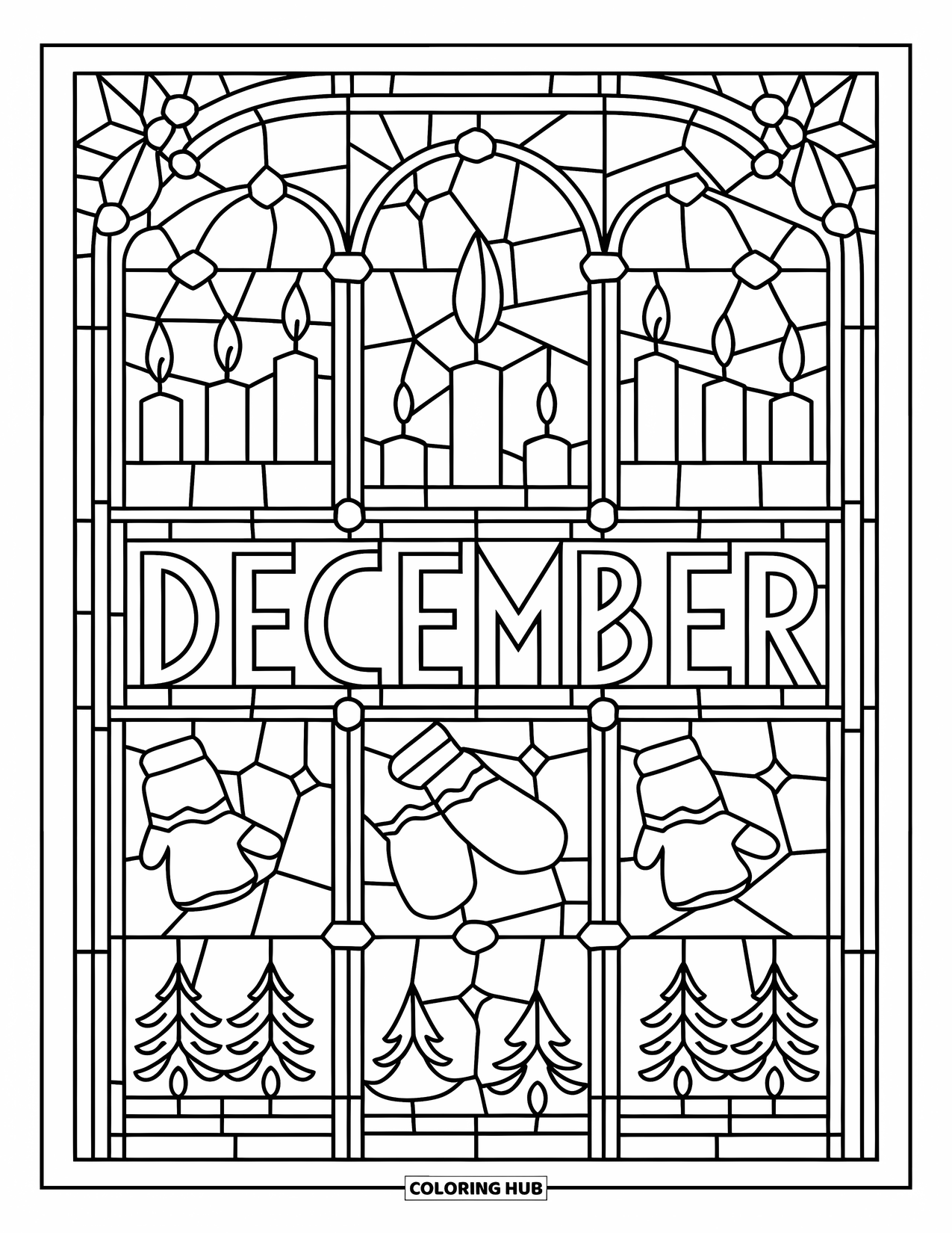 December Coloring Page for Adults: A stained glass window with candles and stars frames the word "December"