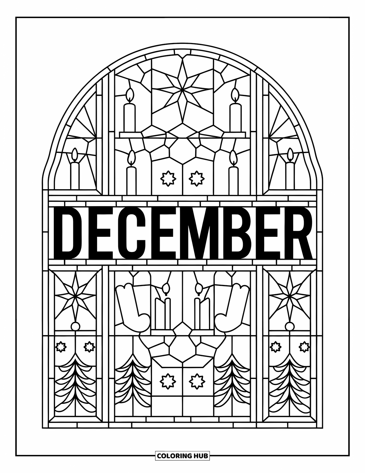 December Coloring Page for Adults: "December" glows from the center of a stained glass window with winter icons