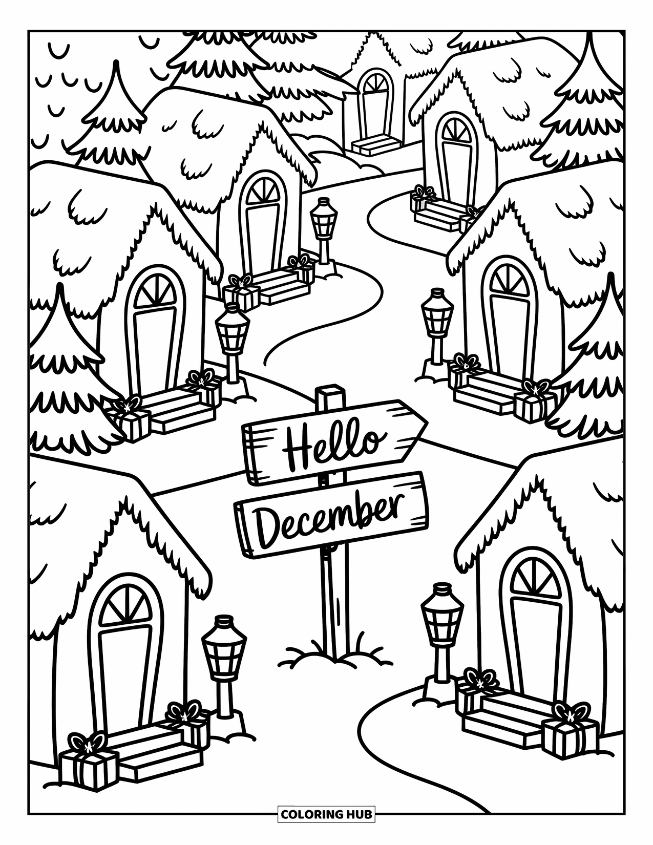 December Coloring Page for Adults: Frosty rooftops and lanterns dot a snowy village with a wooden "Hello December" sign