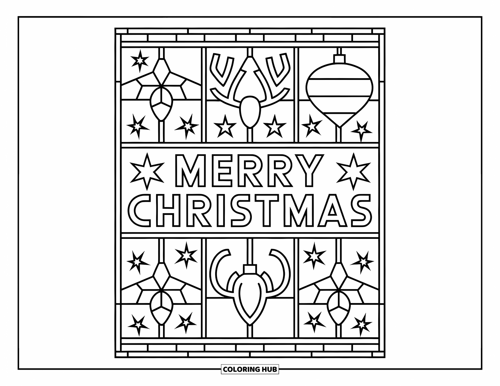 December Coloring Page for Adults: "Merry Christmas" sits at the center of a stained glass border with festive shapes