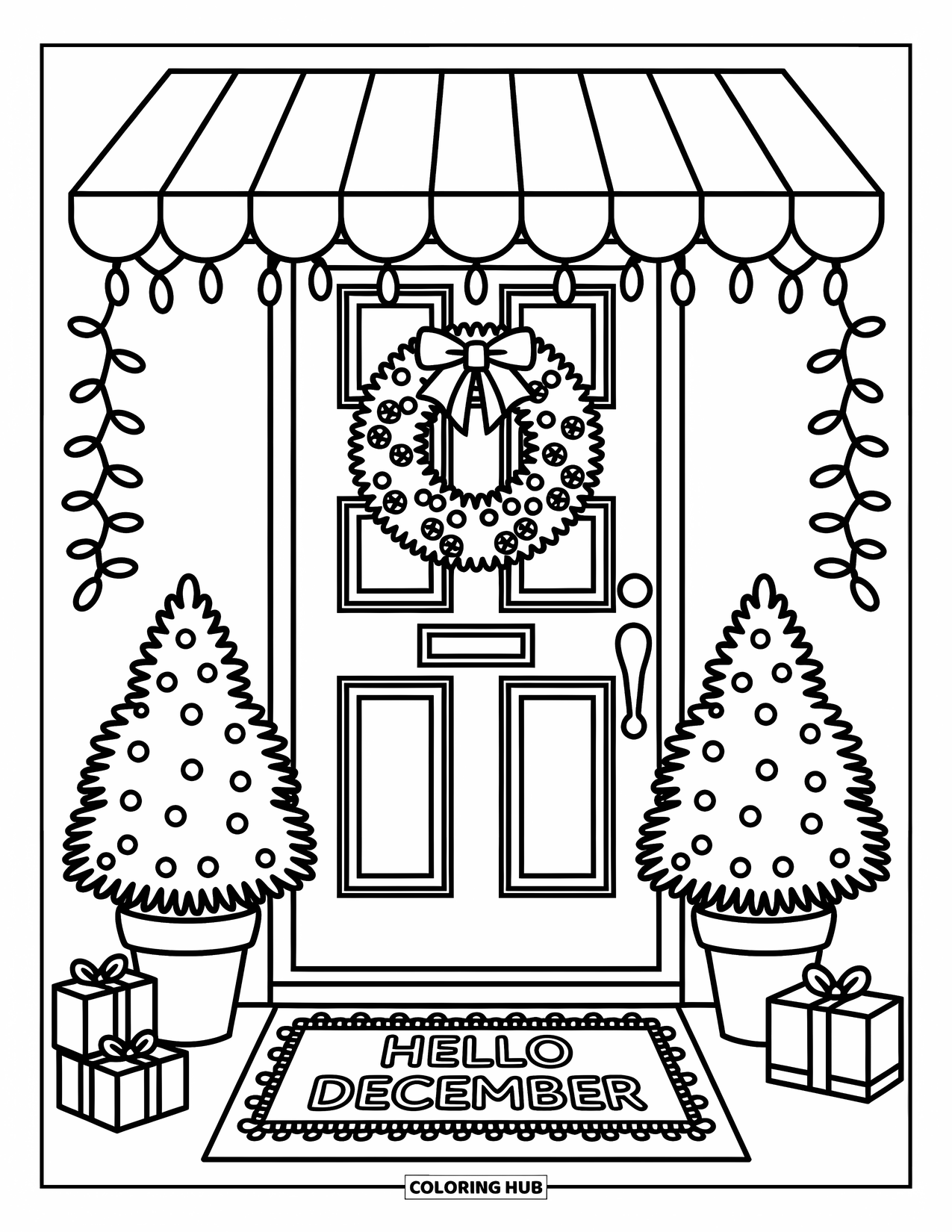 December Coloring Page for Adults: Mini trees and parcels cozy up beside a door with a festive "Hello December" mat