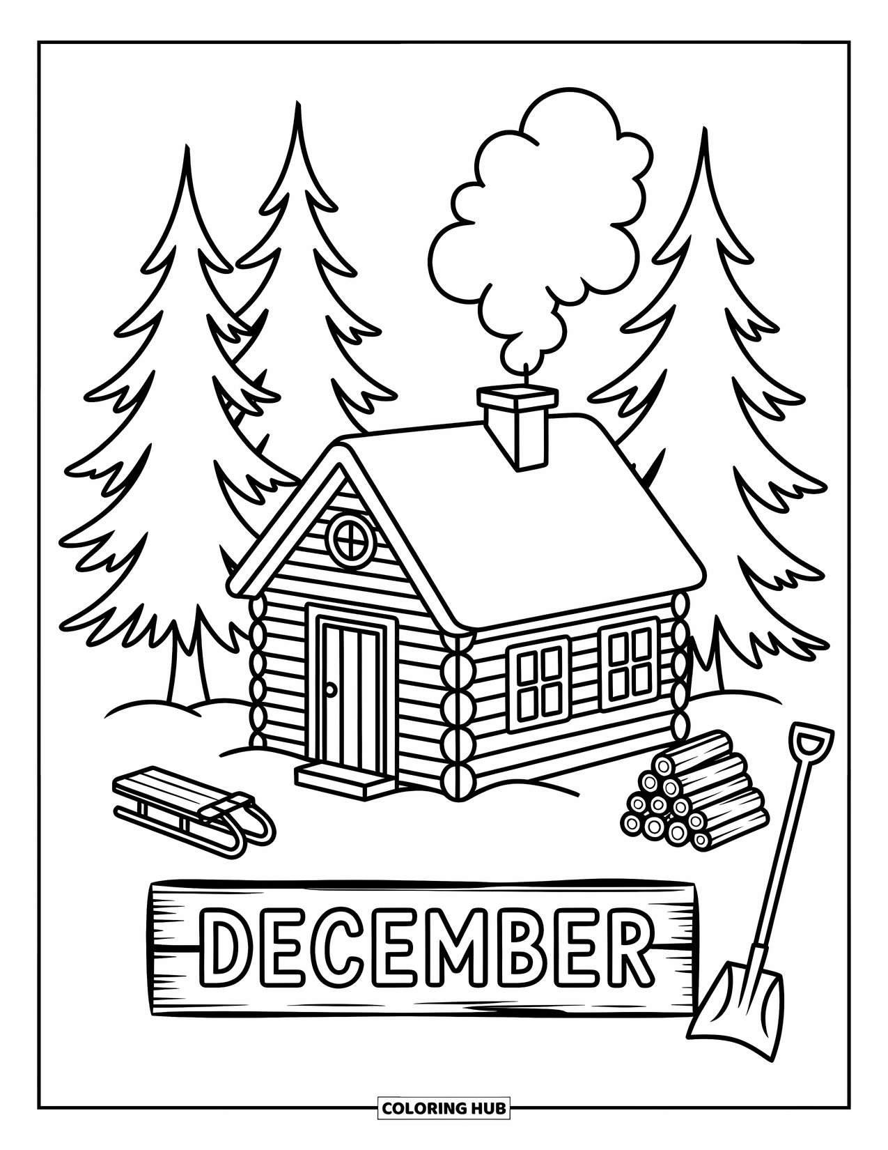 December Coloring Page for Adults: Snow surrounds a peaceful cabin with a "December" sign and stacked firewood
