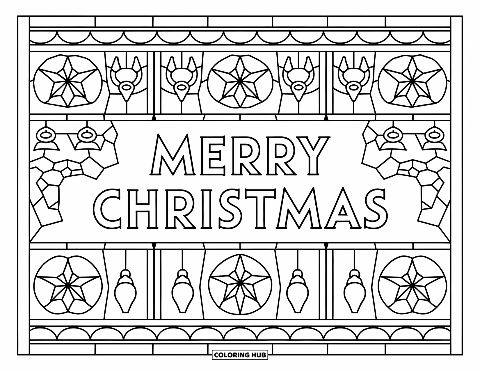 December Coloring Page for Adults: Stars, antlers, and ornaments frame a centered "Merry Christmas" in stained glass style