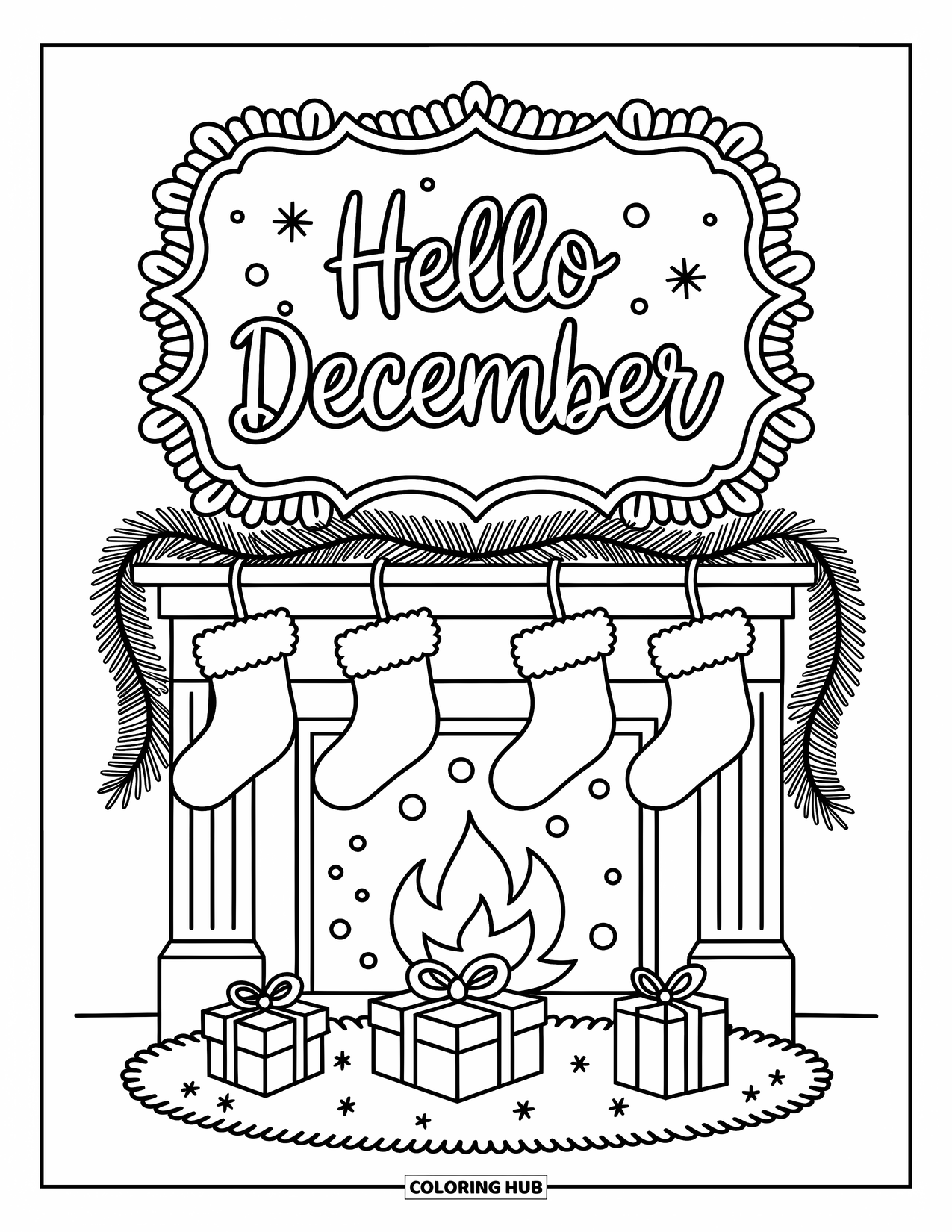 December Coloring Page for Adults: Stockings hang above a cozy fireplace as "Hello December" glows from a frame