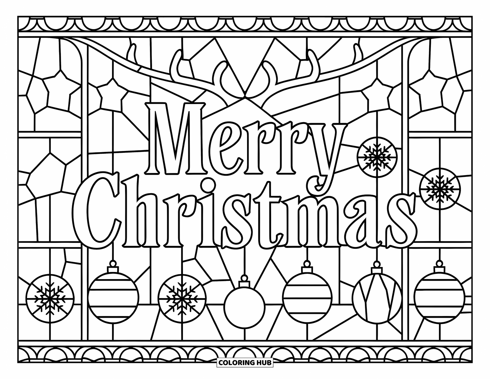 December Coloring Page for Adults: Windowpane shapes form a stained glass border around bold "Merry Christmas" text