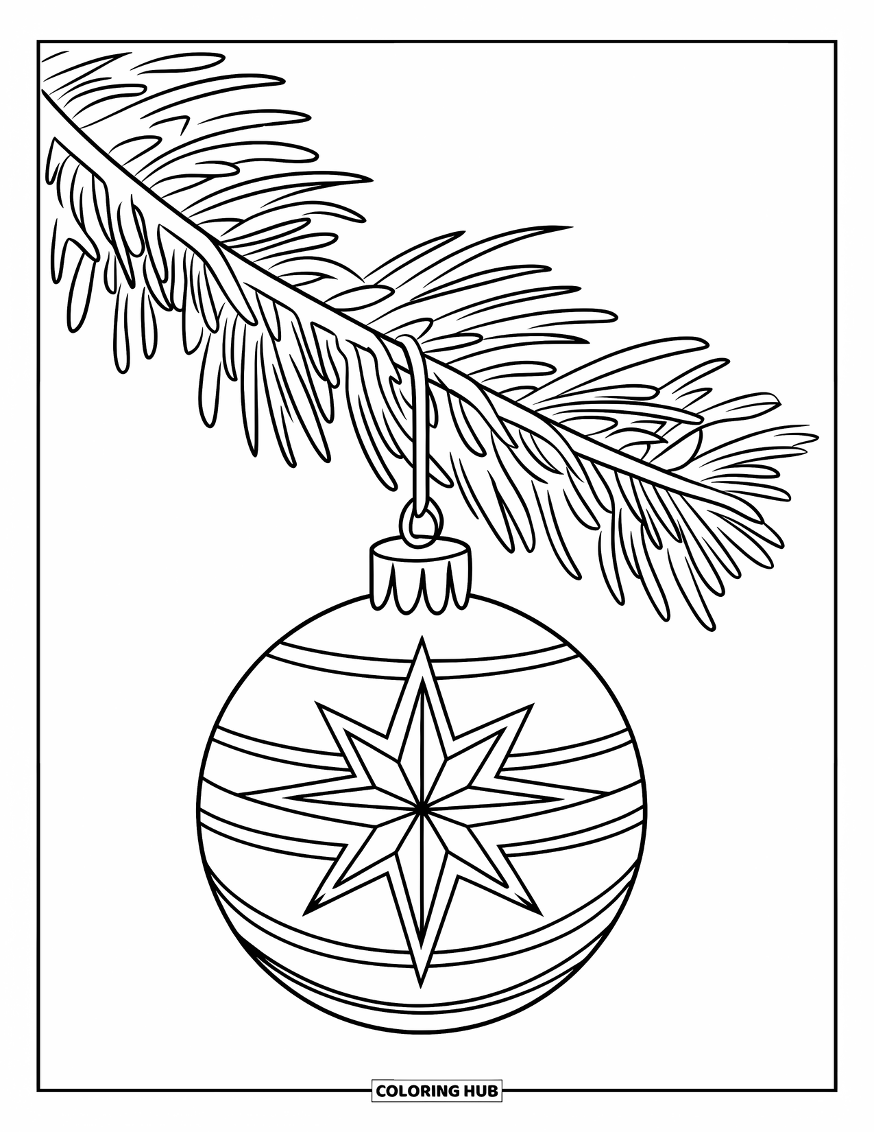 December Coloring Page for Kids: A big round ornament dangles from a pine branch with long needles