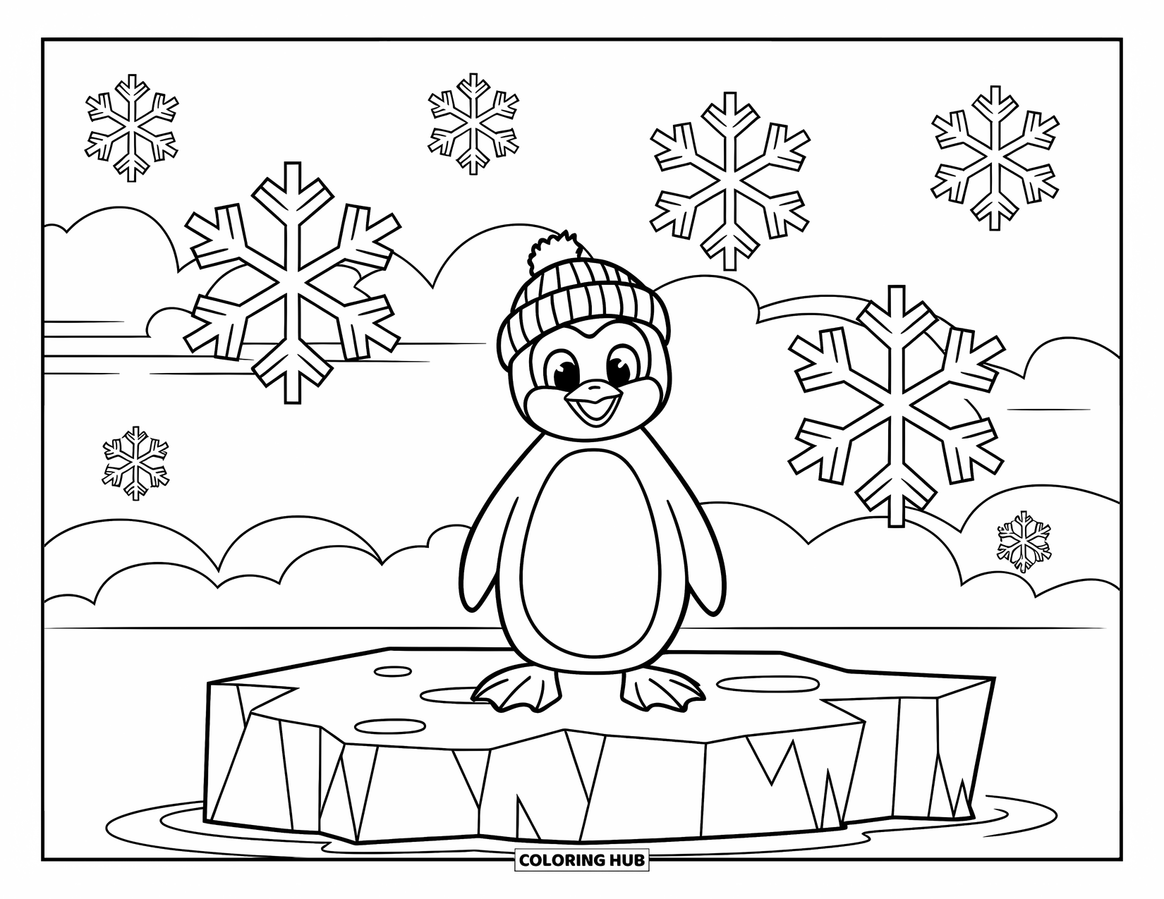 December Coloring Page for Kids: A cheerful penguin in a striped hat stands on an iceberg with bold snowflakes falling