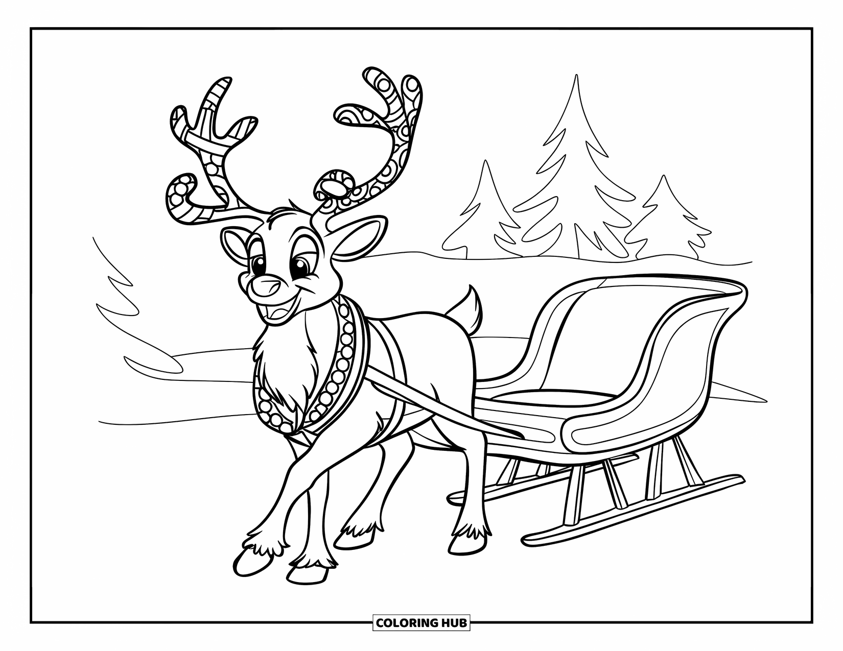 December Coloring Page for Kids: A cheerful reindeer stands beside a sleigh in a snowy forest