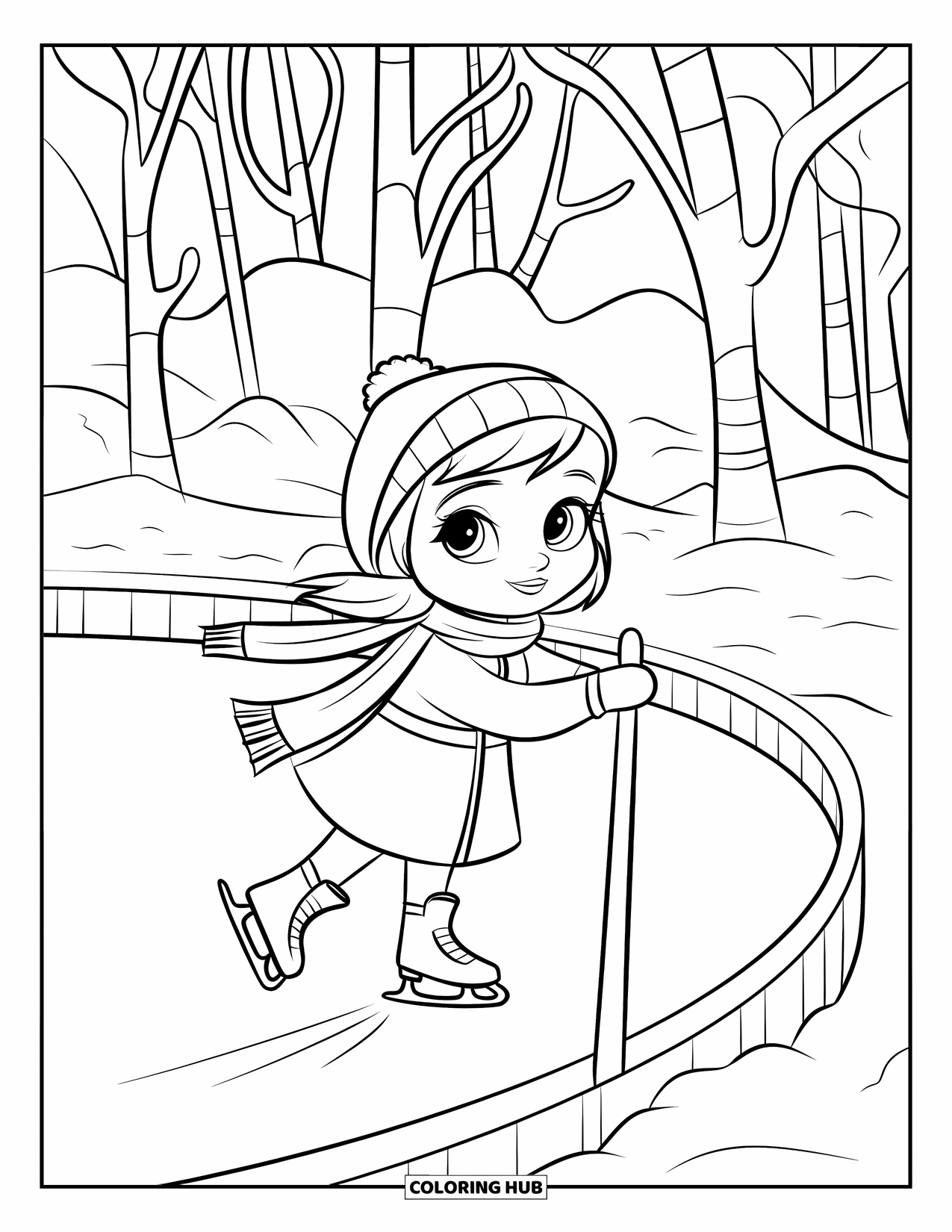 December Coloring Page for Kids: A chibi girl ice skates on a frozen pond surrounded by snowy trees