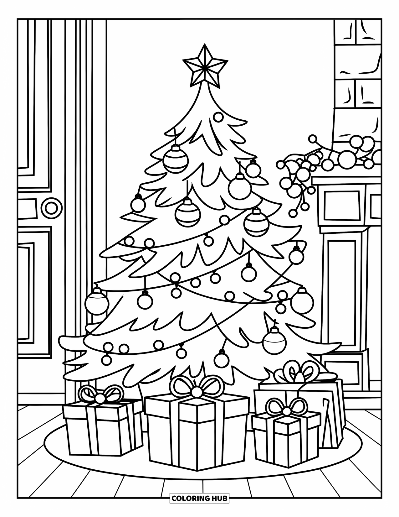 December Coloring Page for Kids: A Christmas tree and gifts sit near a fireplace on a wooden floor
