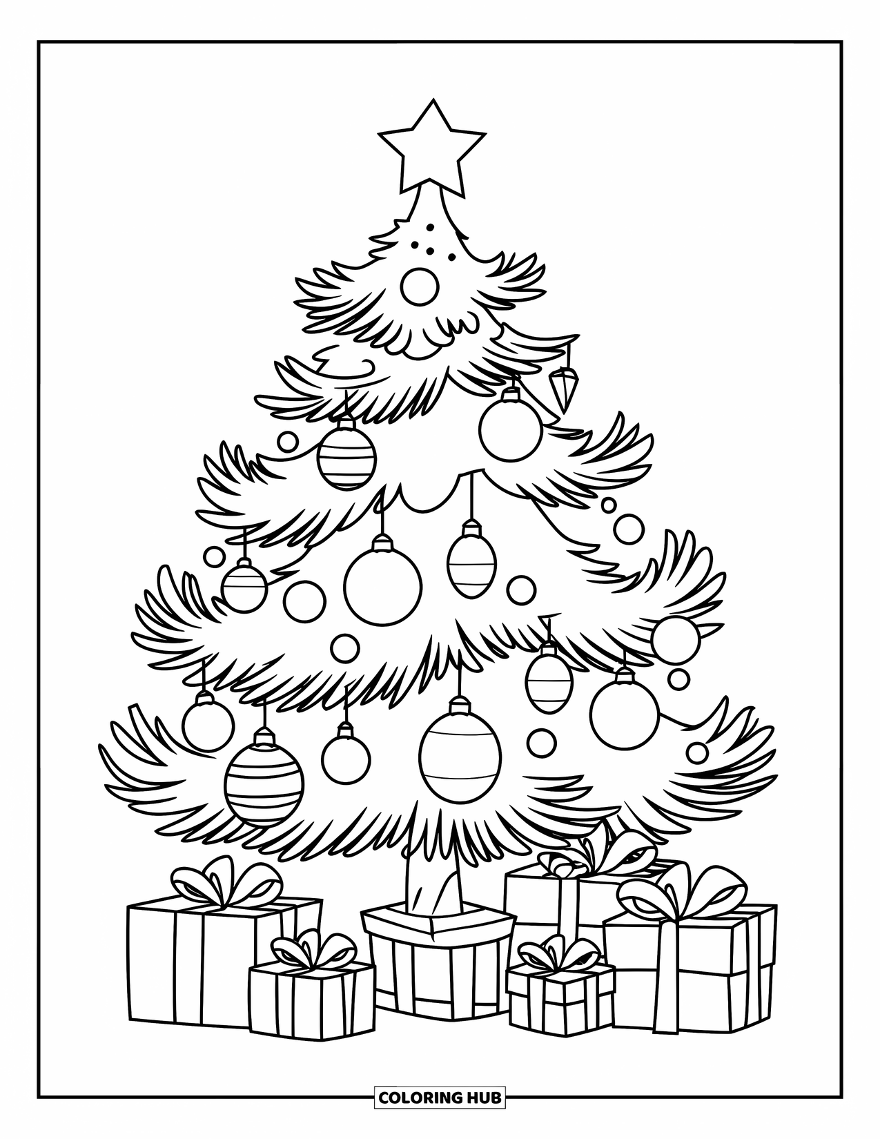 December Coloring Page for Kids: A Christmas tree with a star on top stands above wrapped gifts and bows