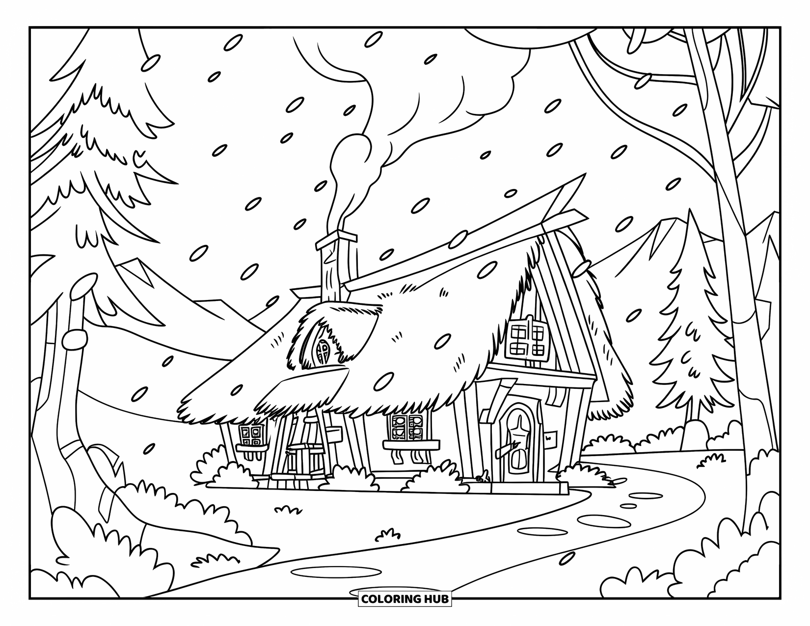 December Coloring Page for Kids: A cozy cabin with smoke from the chimney sits quietly among snowy trees