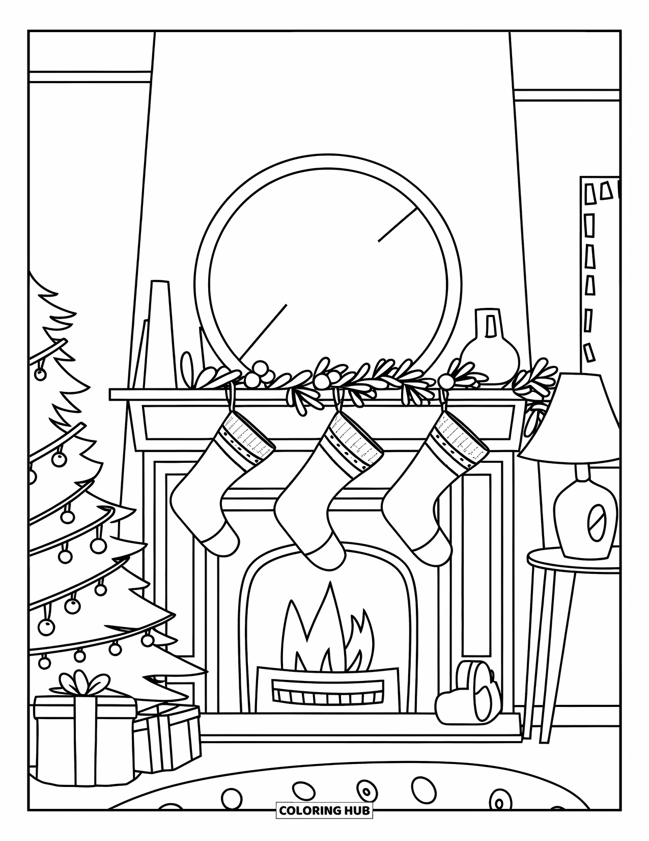 December Coloring Page for Kids: A cozy fireplace with stockings stands beside a tree and a few small decorations