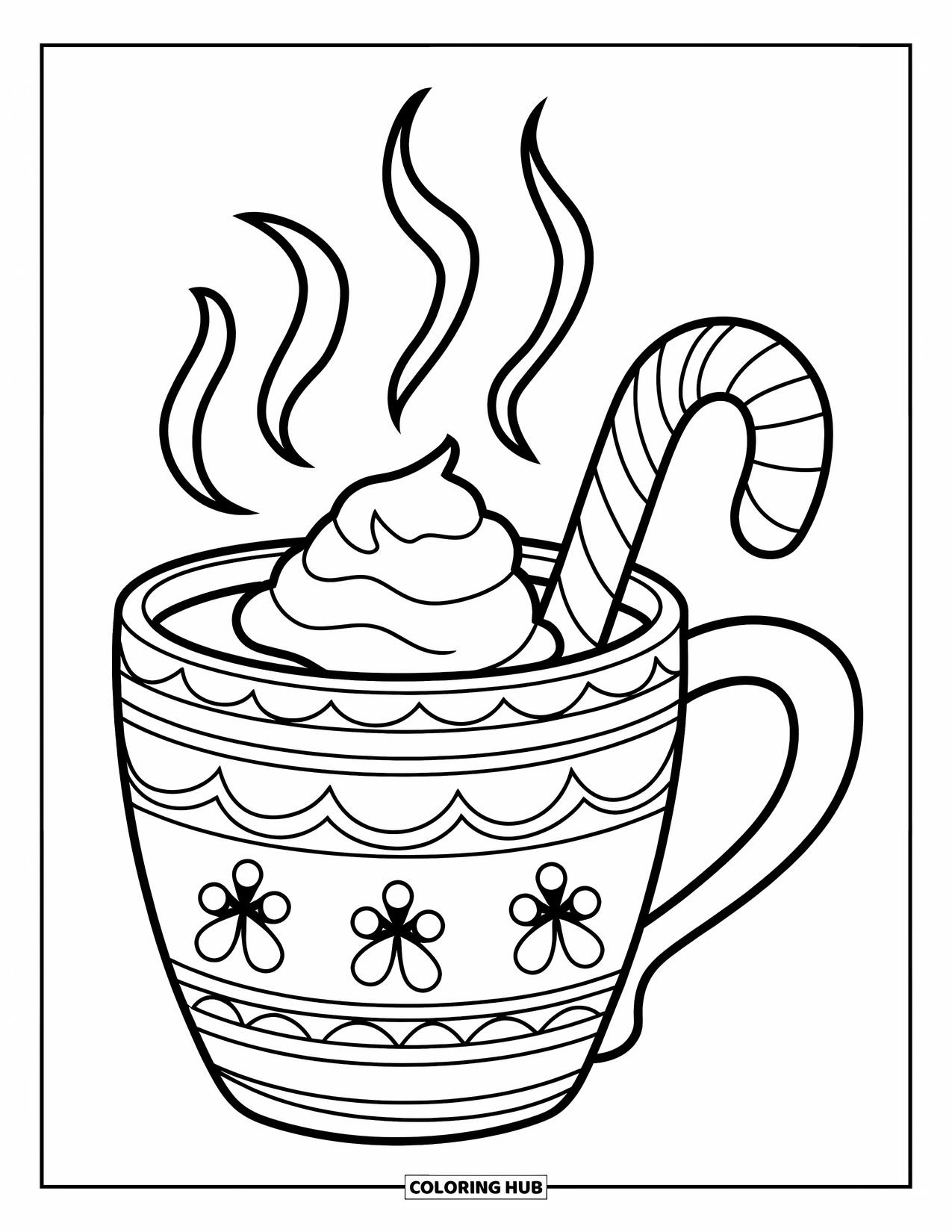 December Coloring Page for Kids: A cozy mug with whipped cream and candy cane sits ready for coloring fun