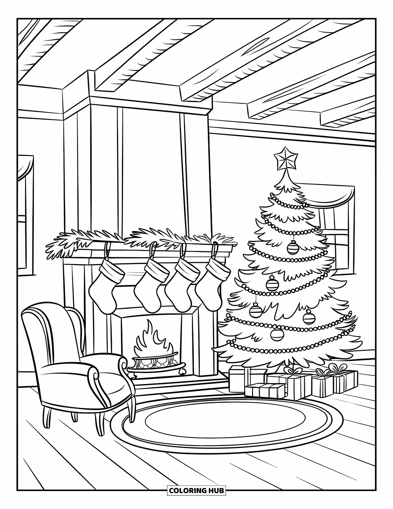 December Coloring Page for Kids: A cozy room glows with a fireplace, tree, stockings, and holiday warmth