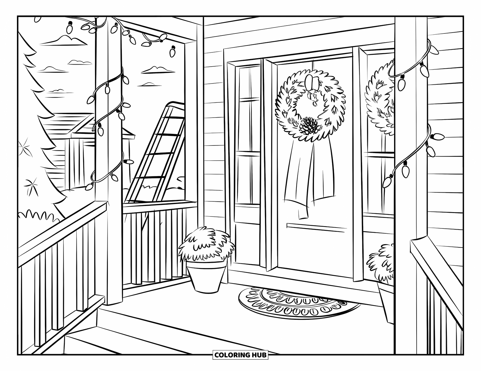 December Coloring Page for Kids: A decorated porch with wreaths and lights offers a festive, peaceful view
