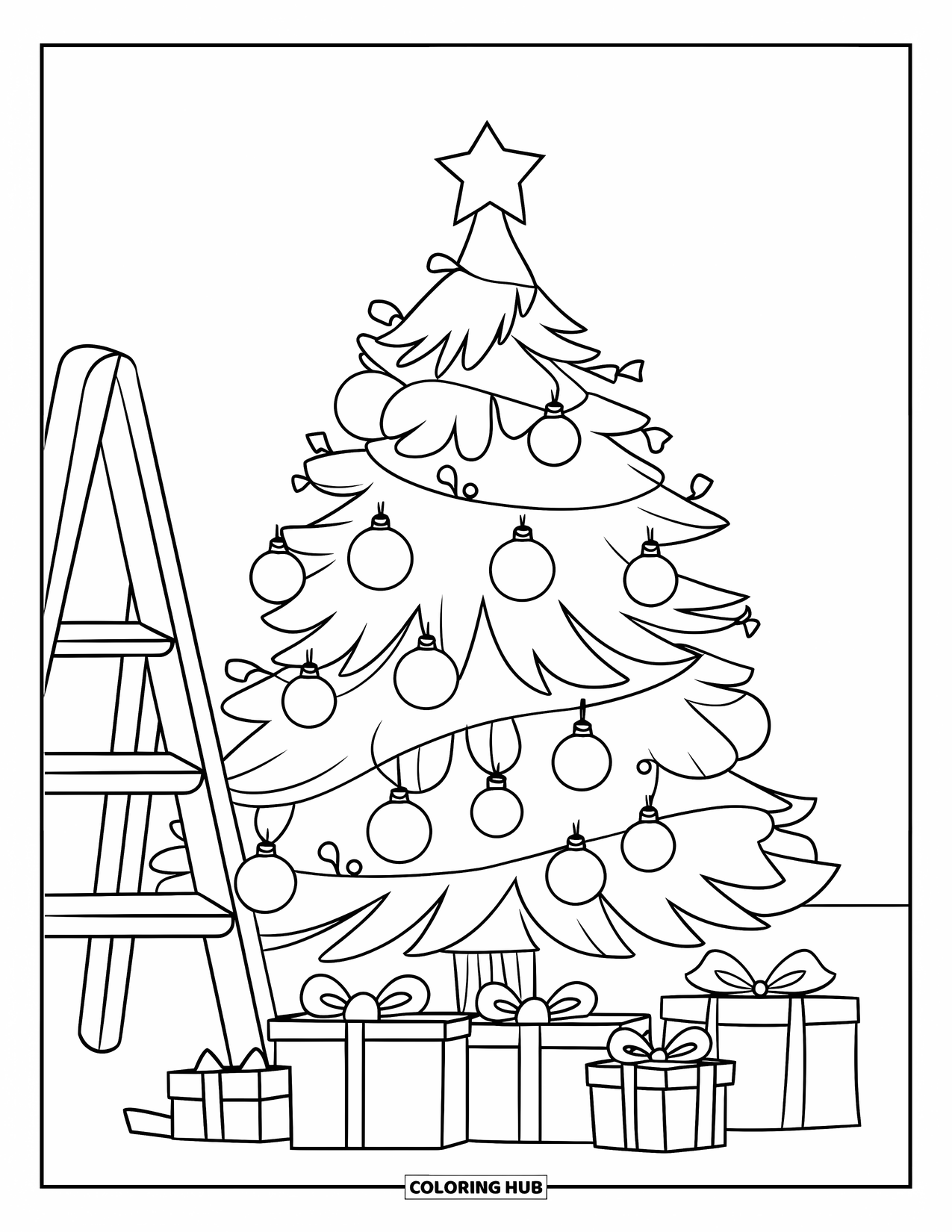 December Coloring Page for Kids: A decorated tree with gifts and a ladder sits in a cozy holiday scene