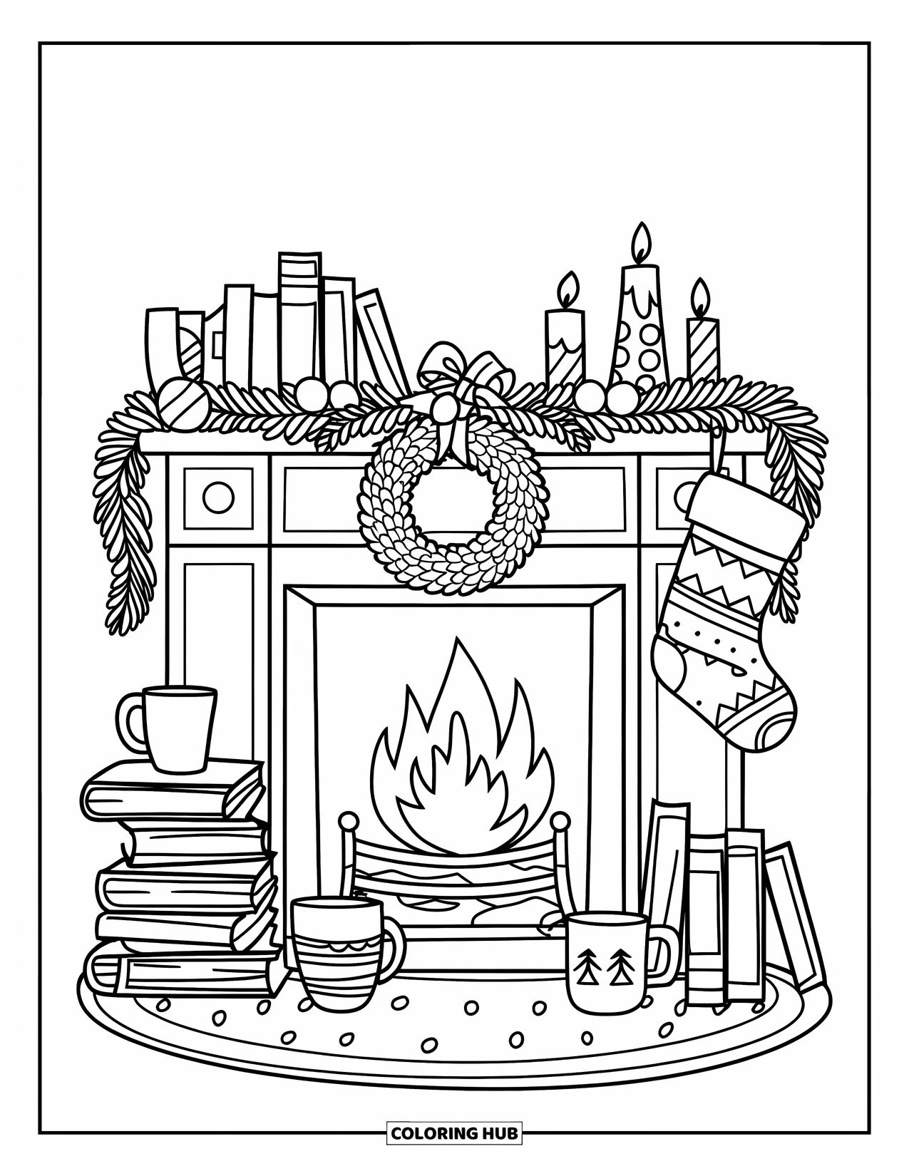 December Coloring Page for Kids: A festive fireplace has mugs, books, and a wreath above the mantel