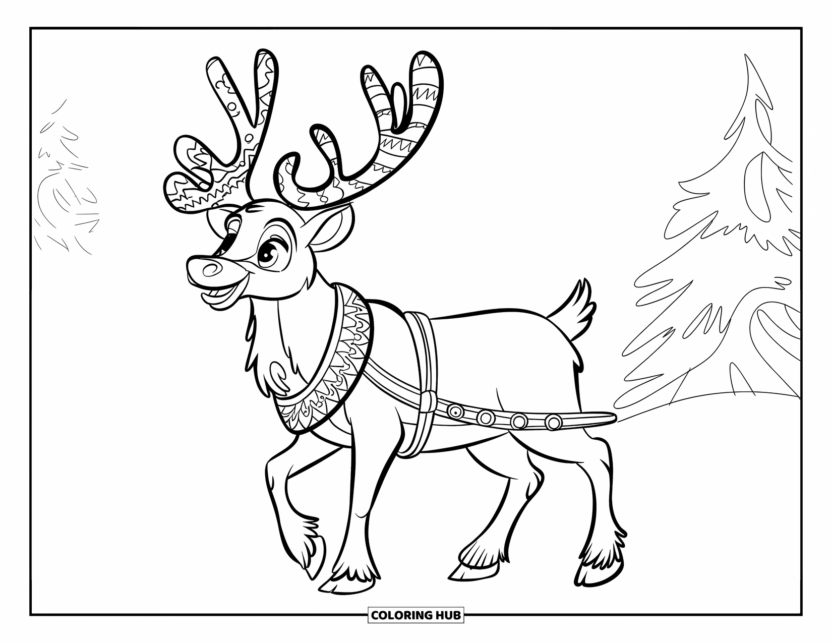 December Coloring Page for Kids: A festive reindeer with bold antlers stands in a snowy field