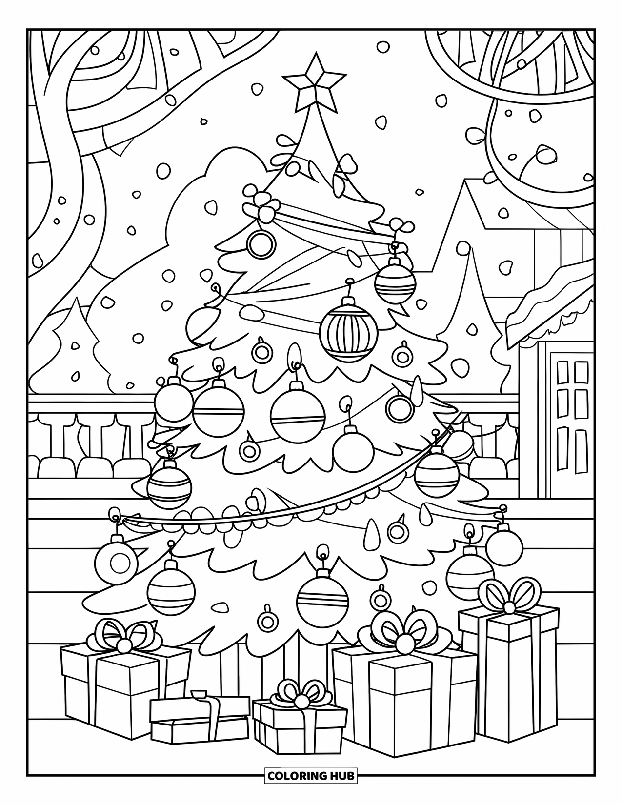 December Coloring Page for Kids: A festive tree shines with lights and gifts below in a snowy landscape