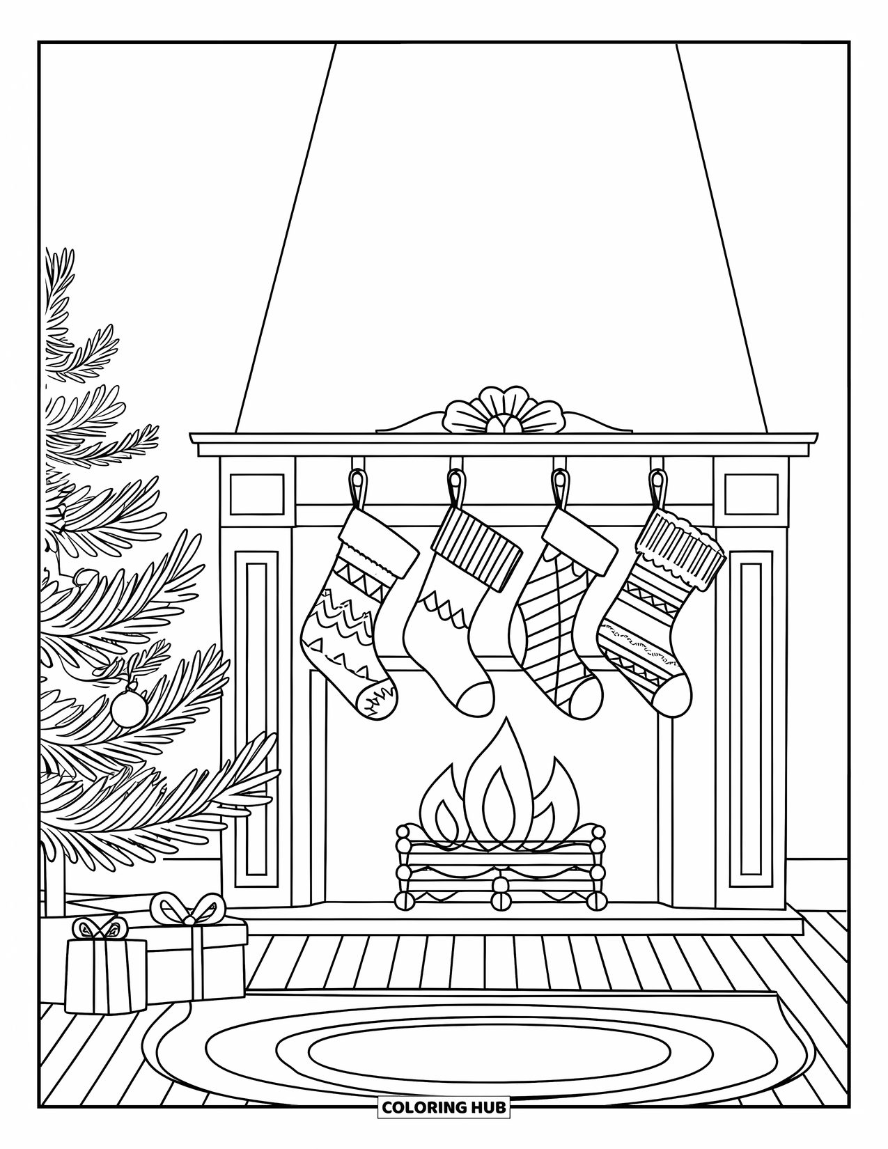 December Coloring Page for Kids: A fireplace with patterned stockings stands beside a tree and a cozy rug
