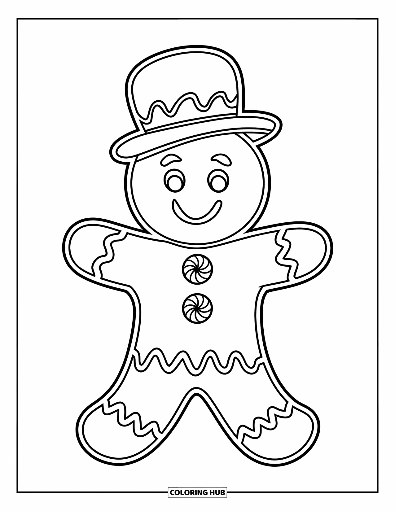 December Coloring Page for Kids: A gingerbread man with a big smile and festive hat is ready for the holidays