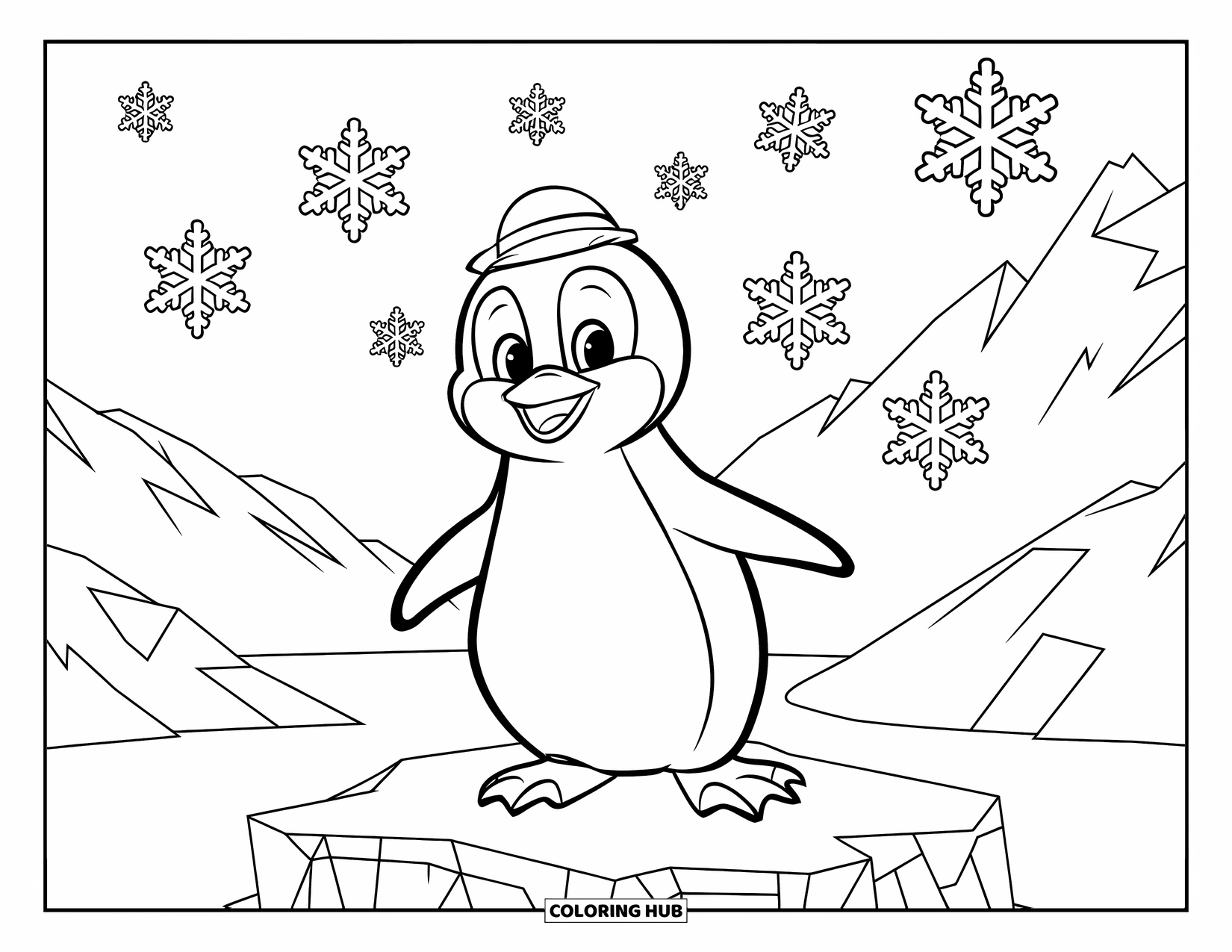 December Coloring Page for Kids: A happy penguin in a tiny hat stands on an iceberg with snow falling around