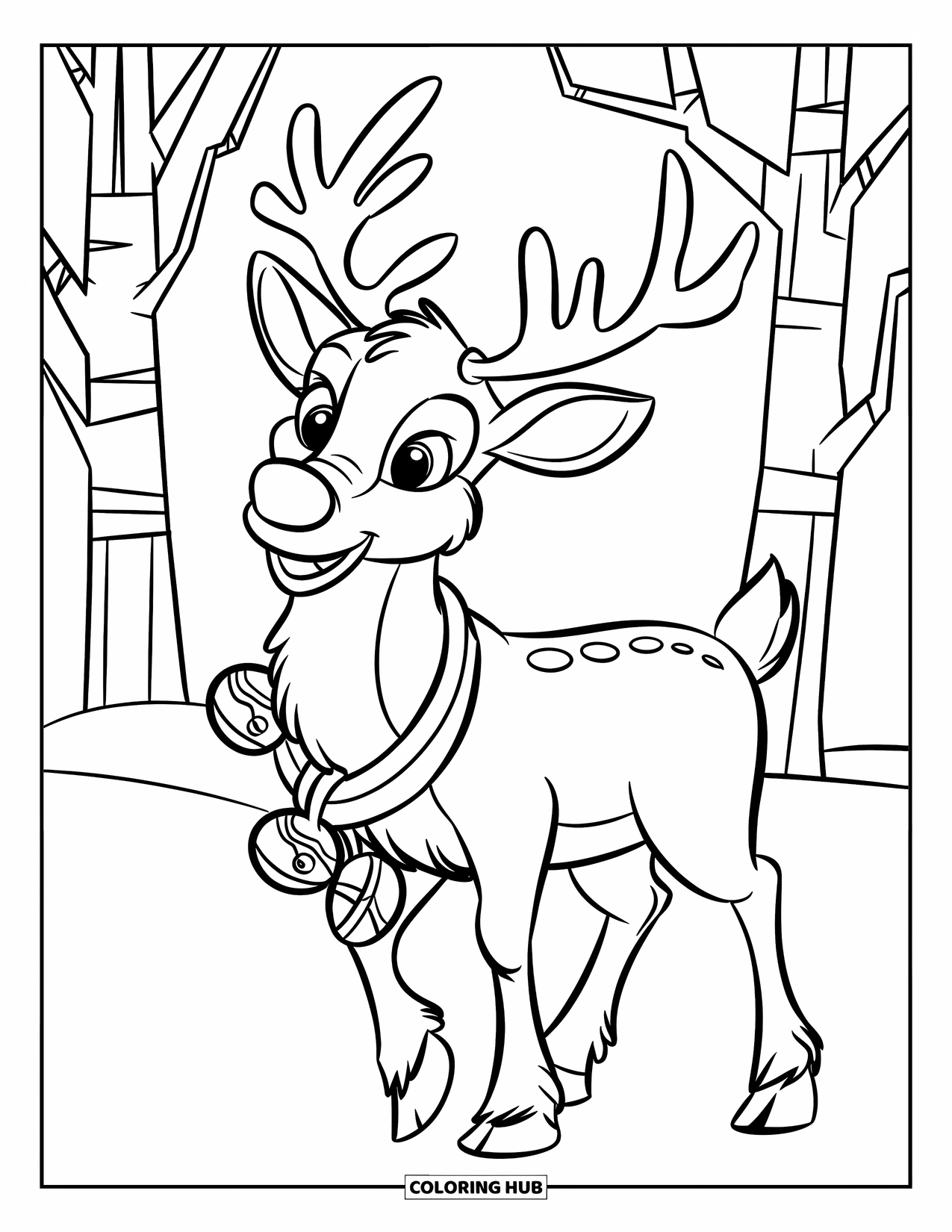 December Coloring Page for Kids: A jingly reindeer stands happily in the snow with bare trees behind