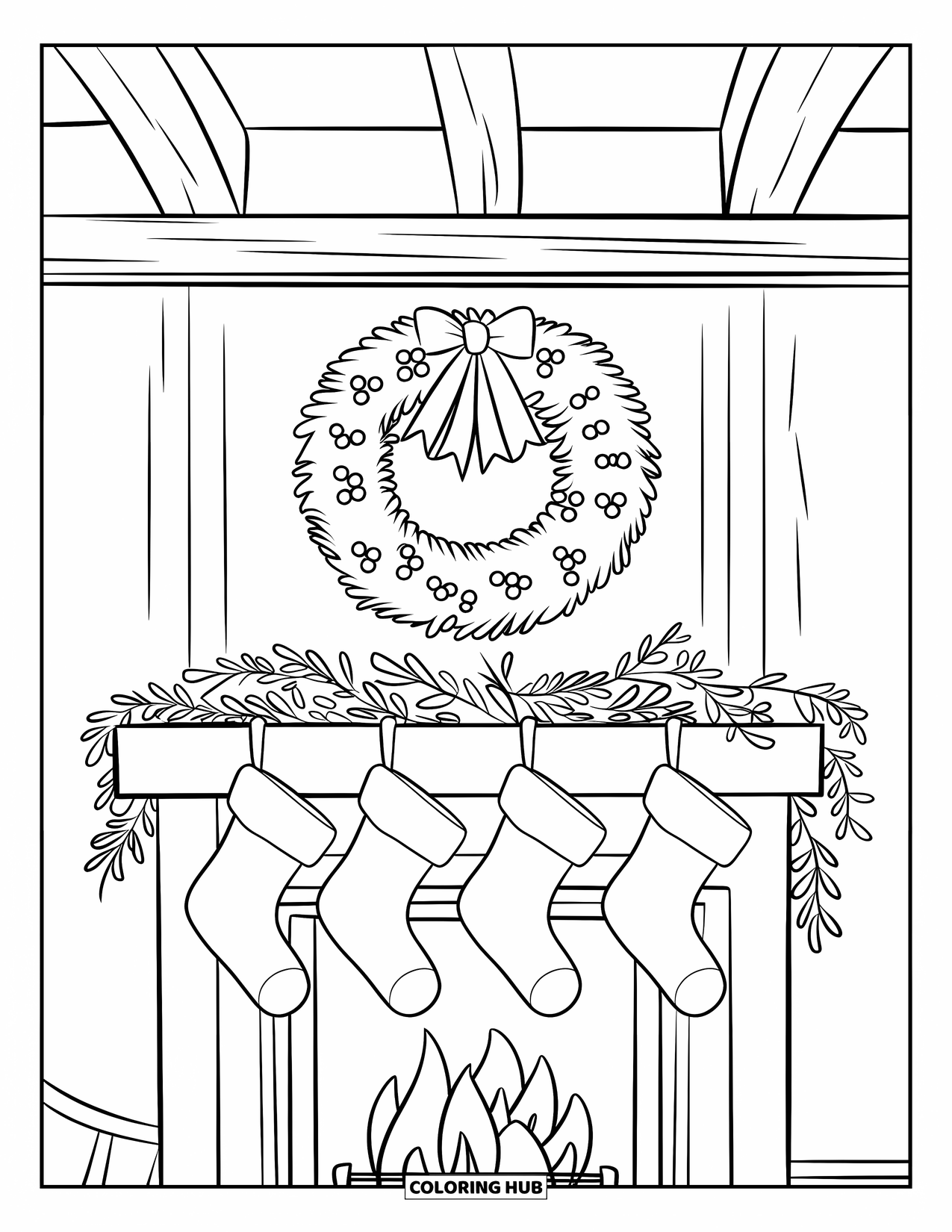 December Coloring Page for Kids: A mantel with stockings and a wreath hangs above a fireplace in a warm room