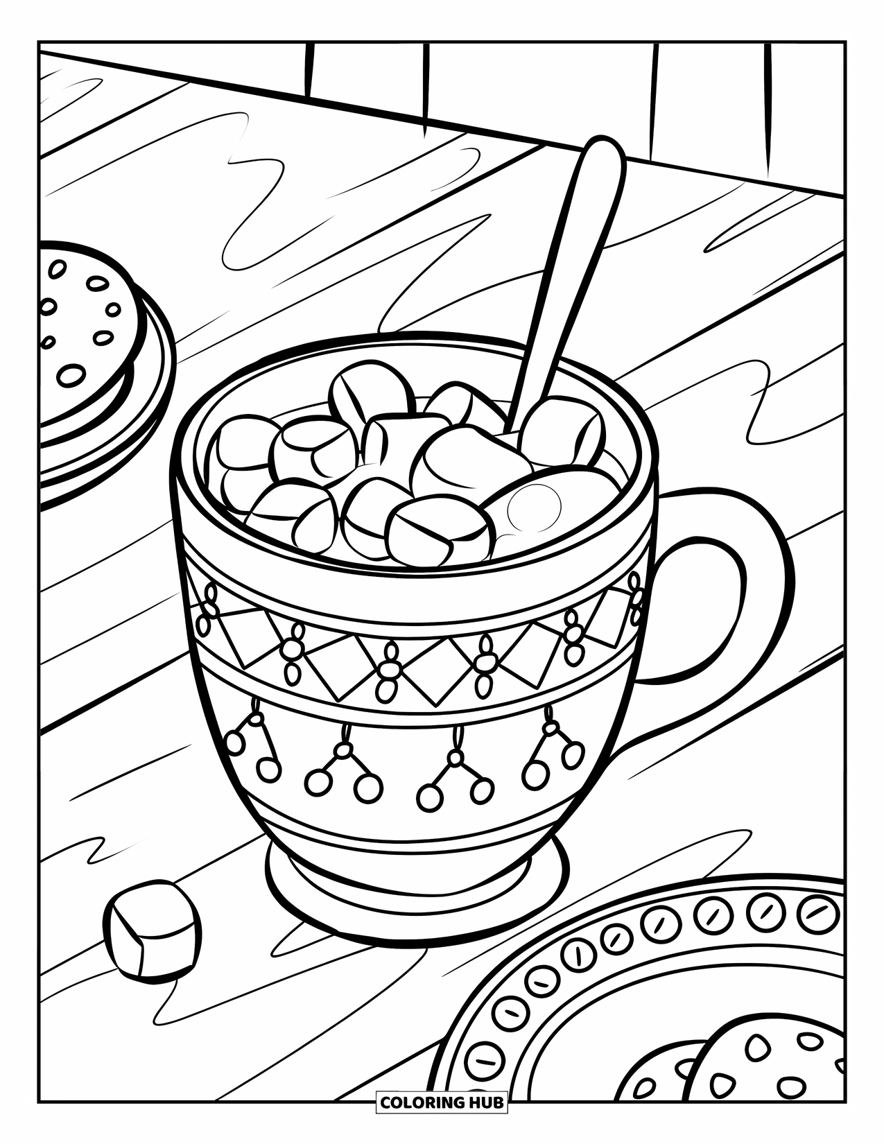 December Coloring Page for Kids: A mug of cocoa with marshmallows and cookies sits on a wooden table
