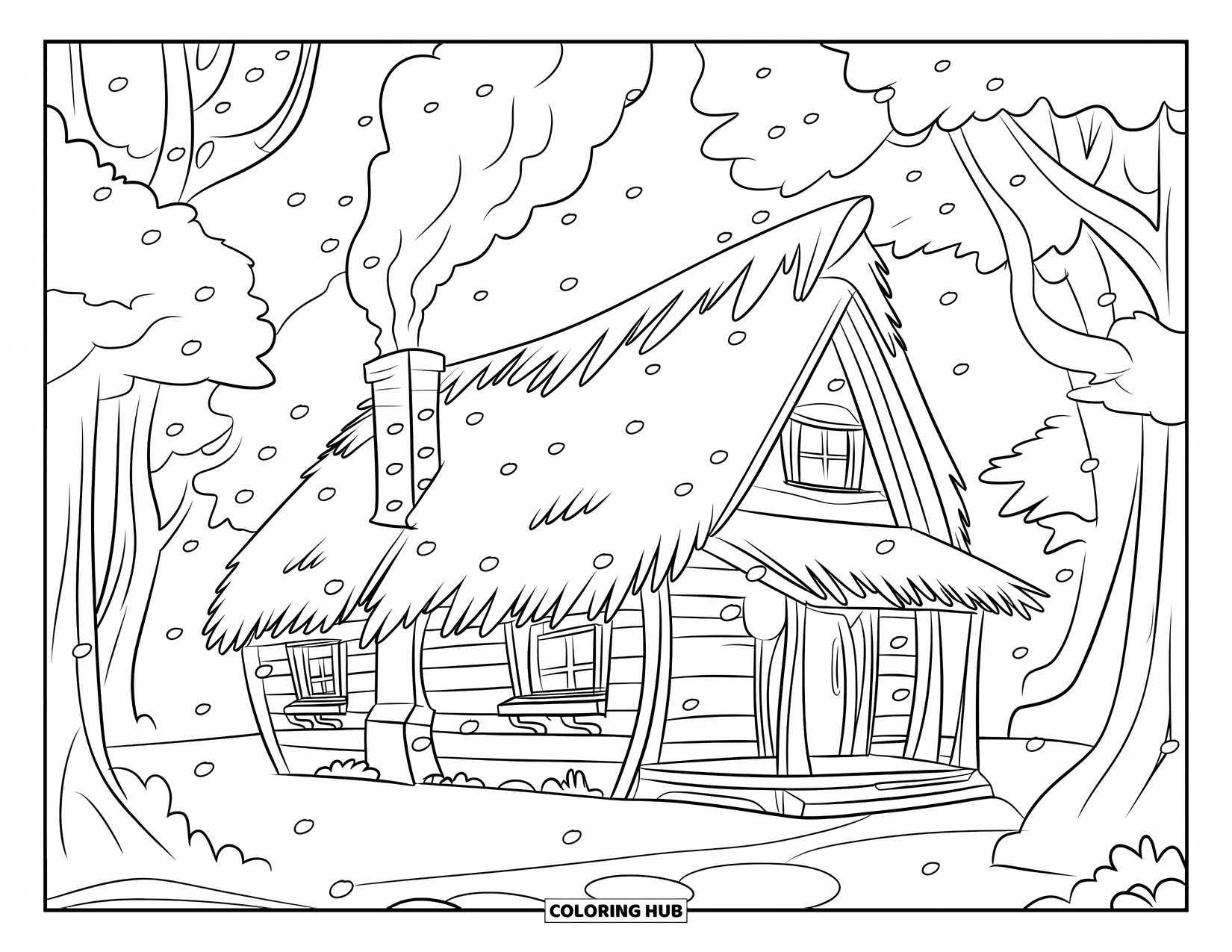 December Coloring Page for Kids: A peaceful cabin sits in the woods with falling snow and a soft trail