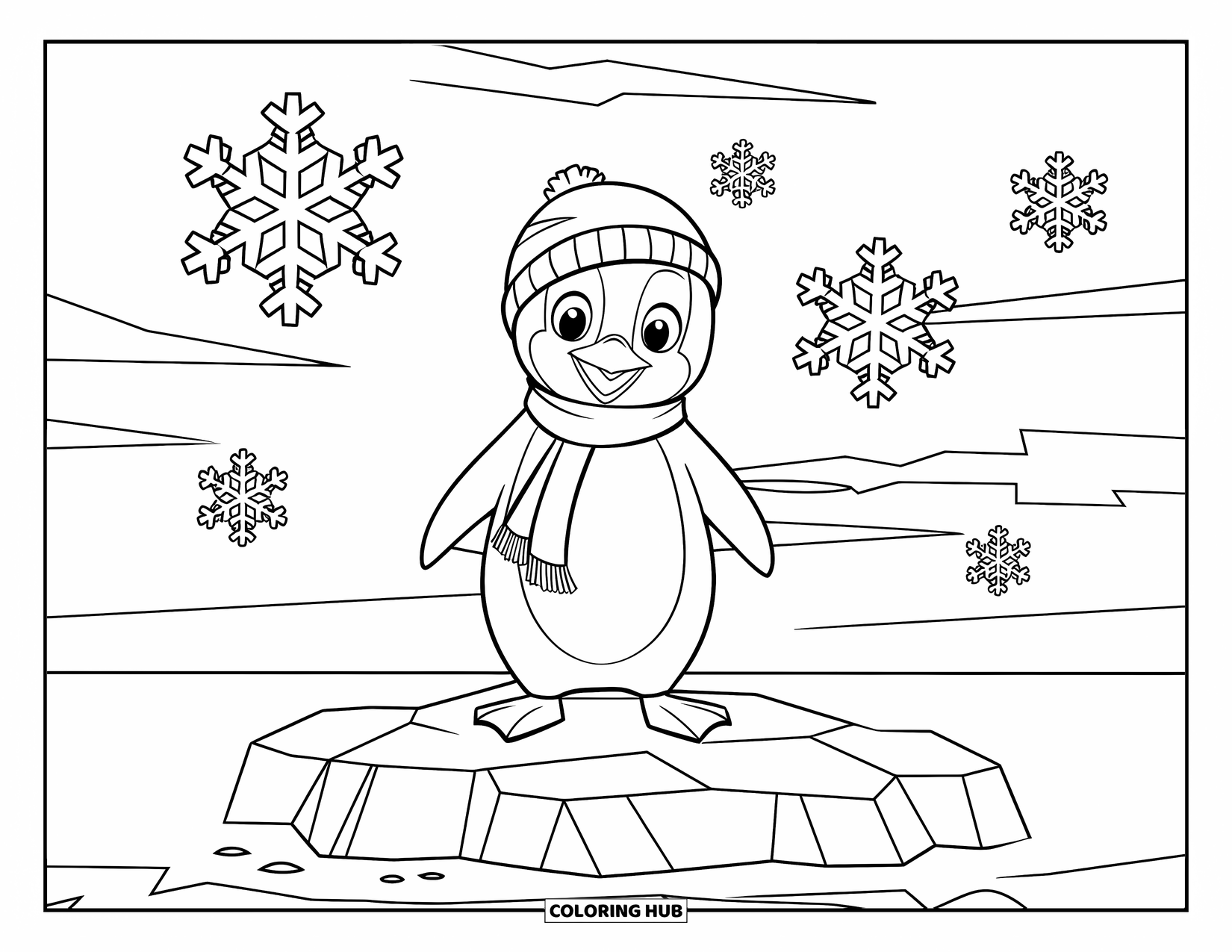December Coloring Page for Kids: A penguin wearing a scarf stands on a shaped iceberg under a cloudy winter sky