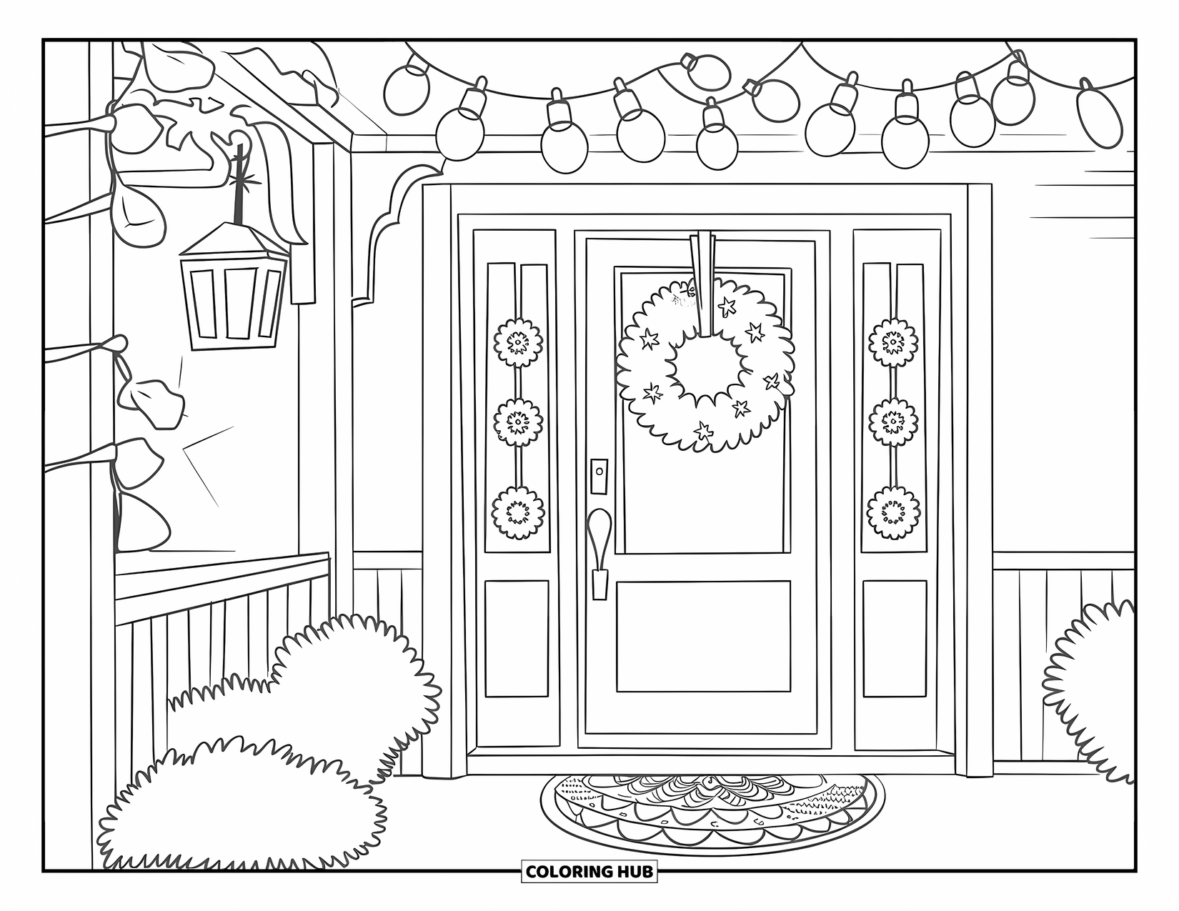 December Coloring Page for Kids: A porch scene shows lights, wreaths, and a cozy pinecone-themed doormat