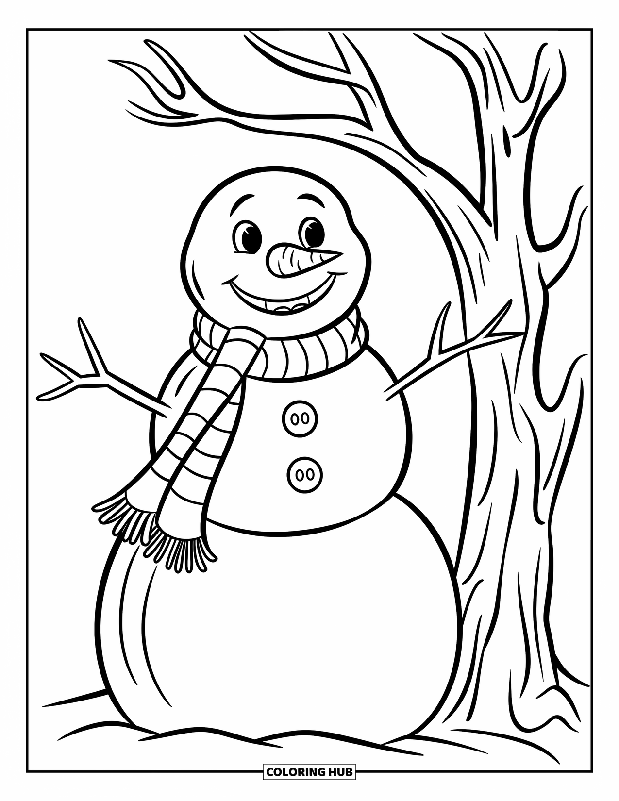 December Coloring Page for Kids: A scarfed snowman with buttons stands next to a bare tree with clean outlines