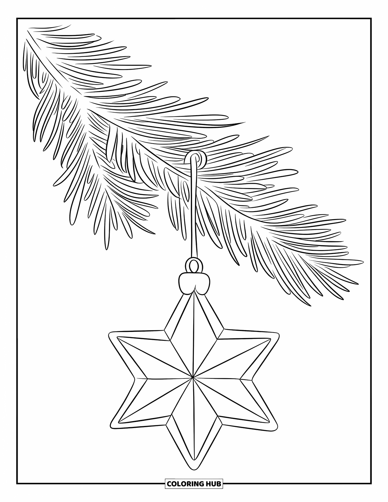 December Coloring Page for Kids: A shiny star ornament hangs from a thick pine branch with leafy needles