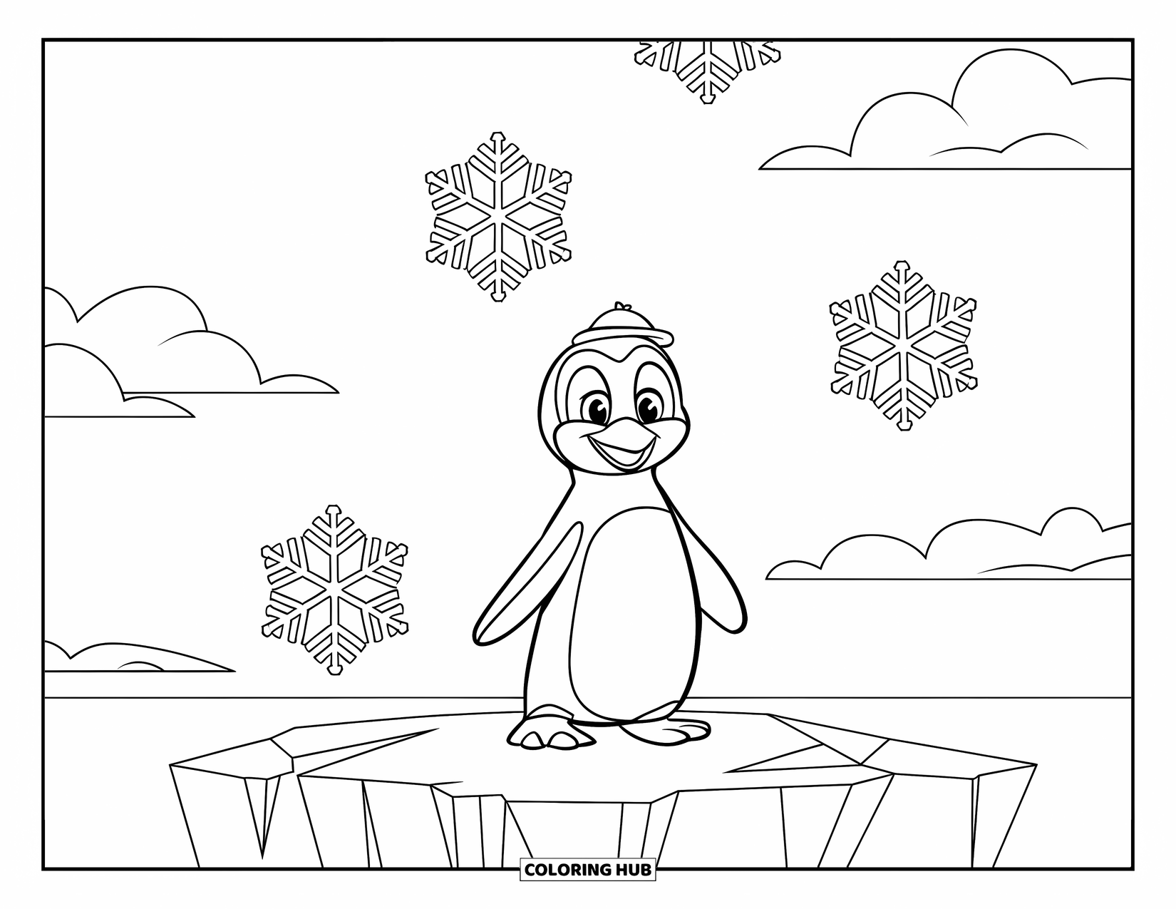 December Coloring Page for Kids: A smiling penguin stands on an iceberg as big snowflakes fall from the sky