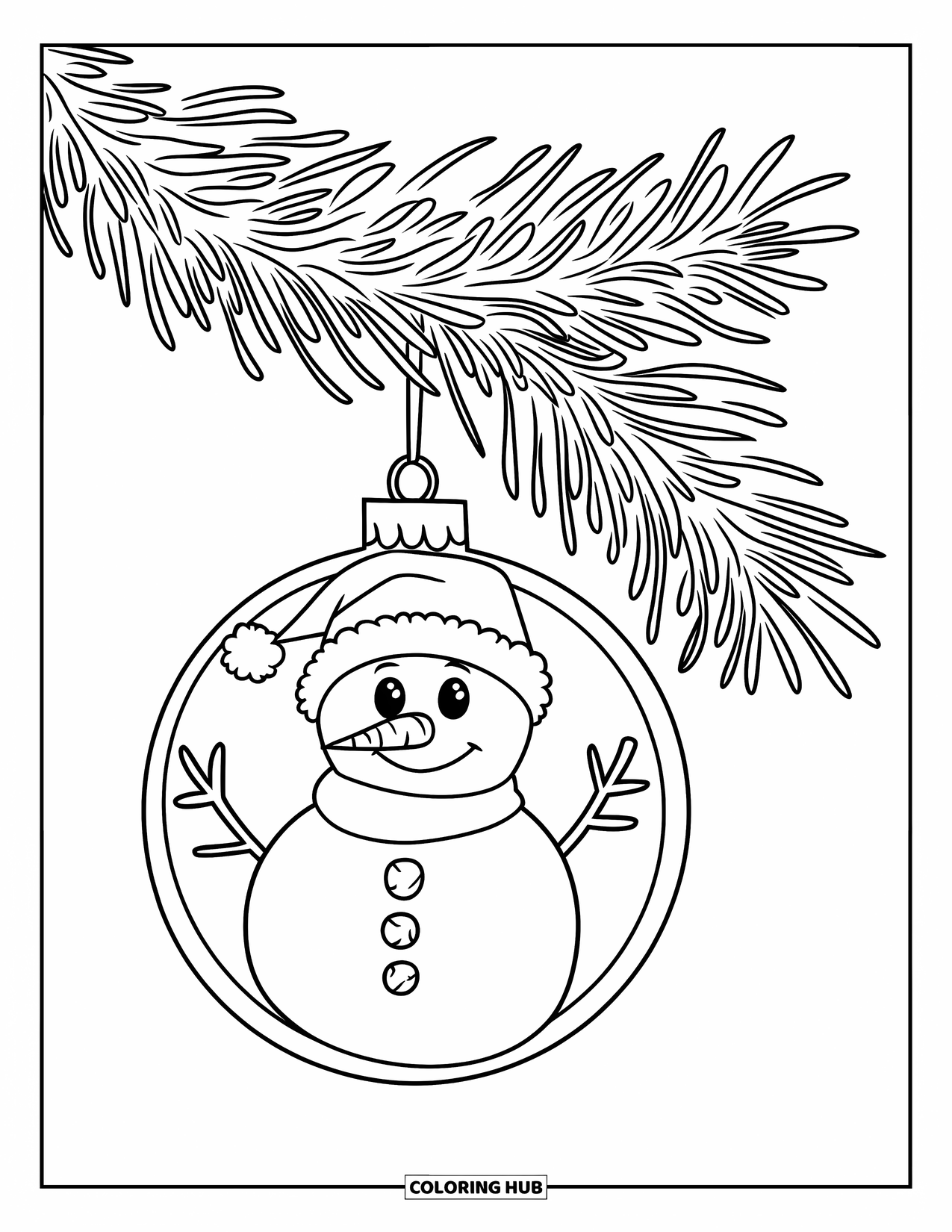 December Coloring Page for Kids: A snowman ornament hangs from a pine branch full of needles
