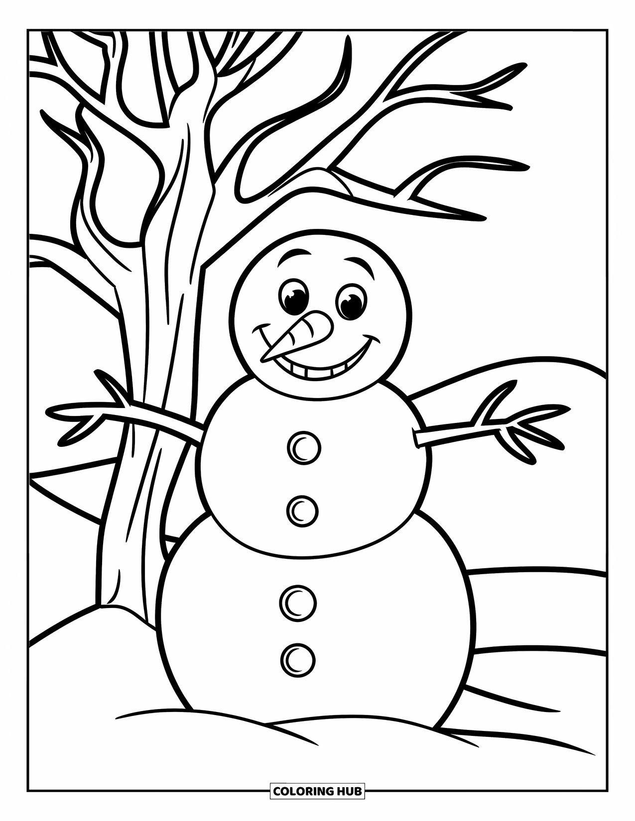 December Coloring Page for Kids: A snowman with big buttons stands smiling next to a tree on snowy hills