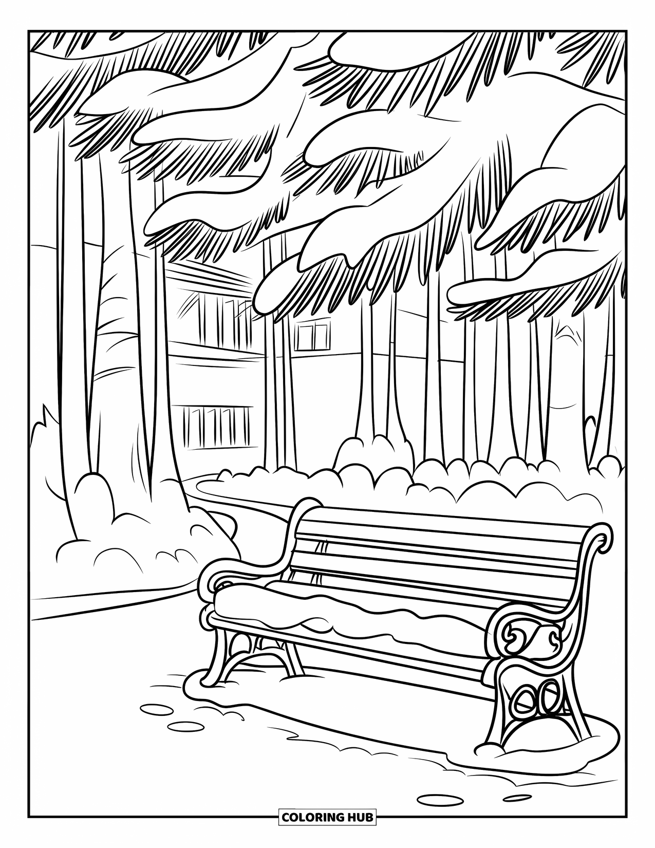 December Coloring Page for Kids: A snowy bench rests quietly beneath pine trees and distant buildings