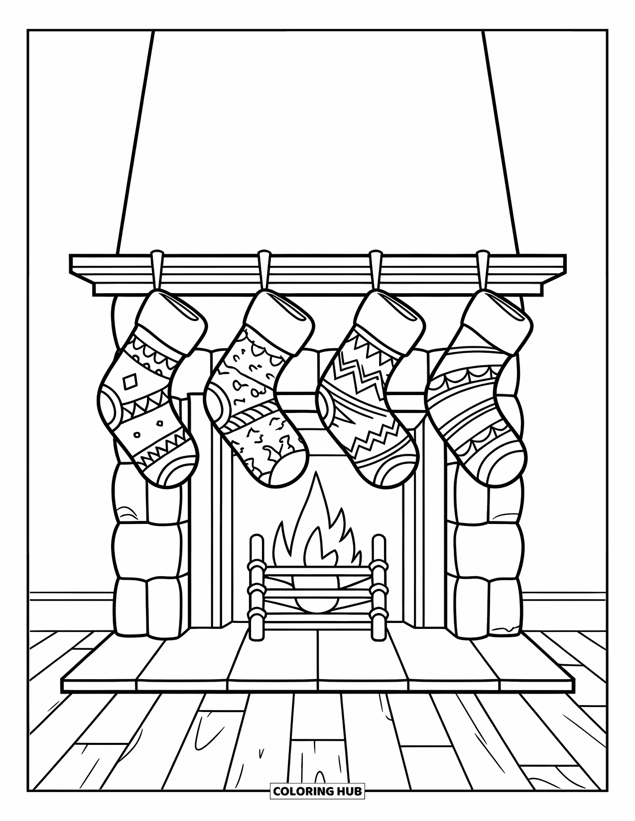 December Coloring Page for Kids: A stone fireplace has stockings hanging from a simple mantel and a wooden floor below