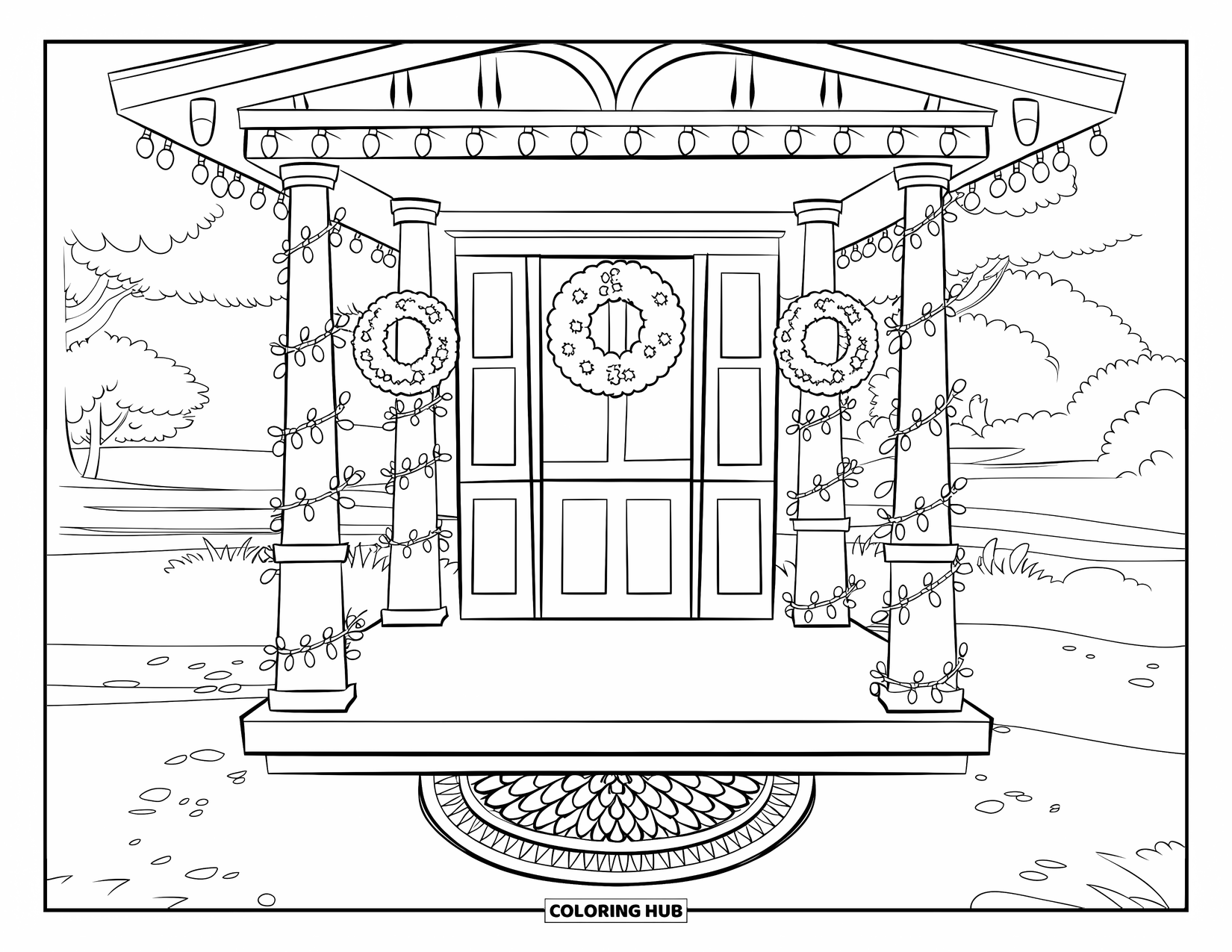 December Coloring Page for Kids: A wreath-filled porch scene with twinkling lights and a pinecone doormat