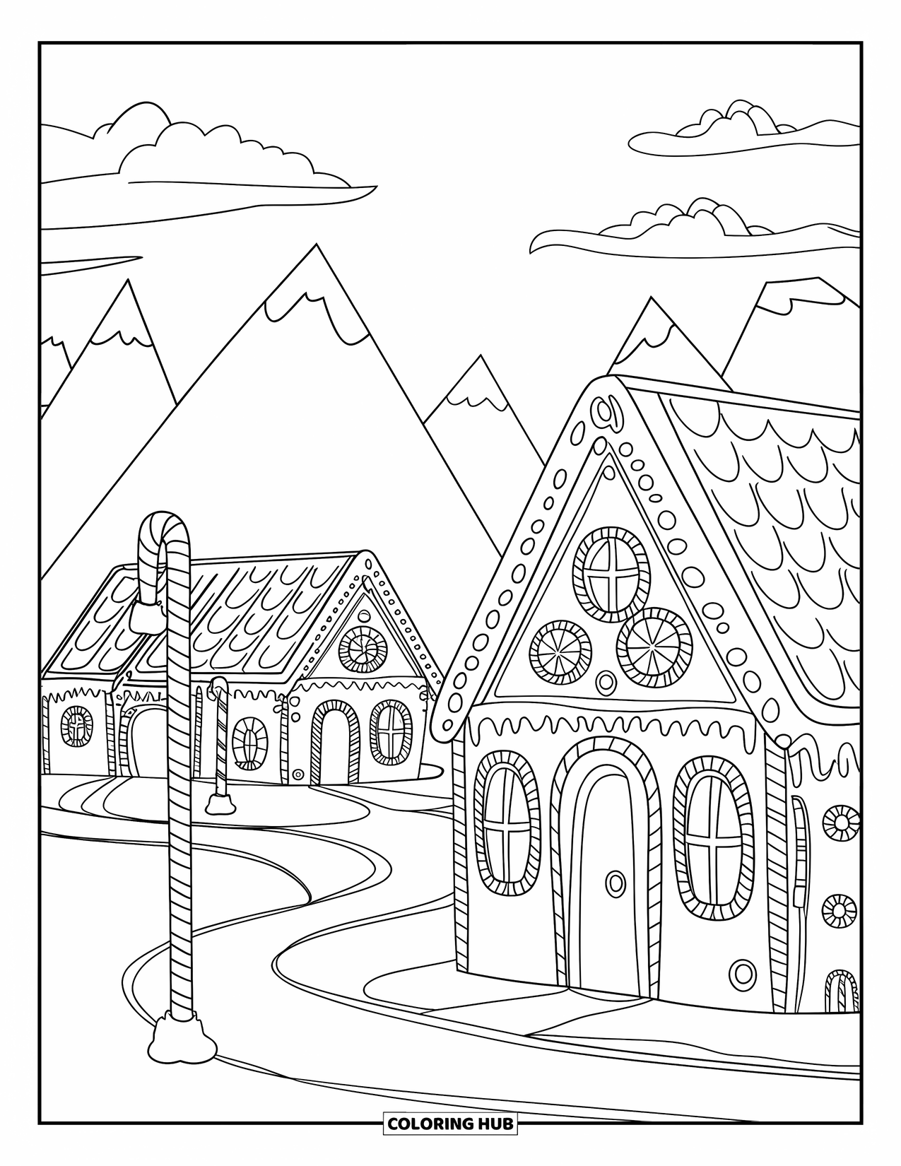 December Coloring Page for Kids: Candy-decorated gingerbread homes sit along frosting roads under a sky of clouds and mountains