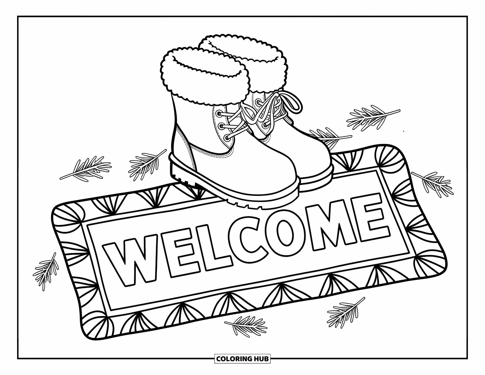 December Coloring Page for Kids: Fuzzy boots and pine needles surround a cozy welcome mat design