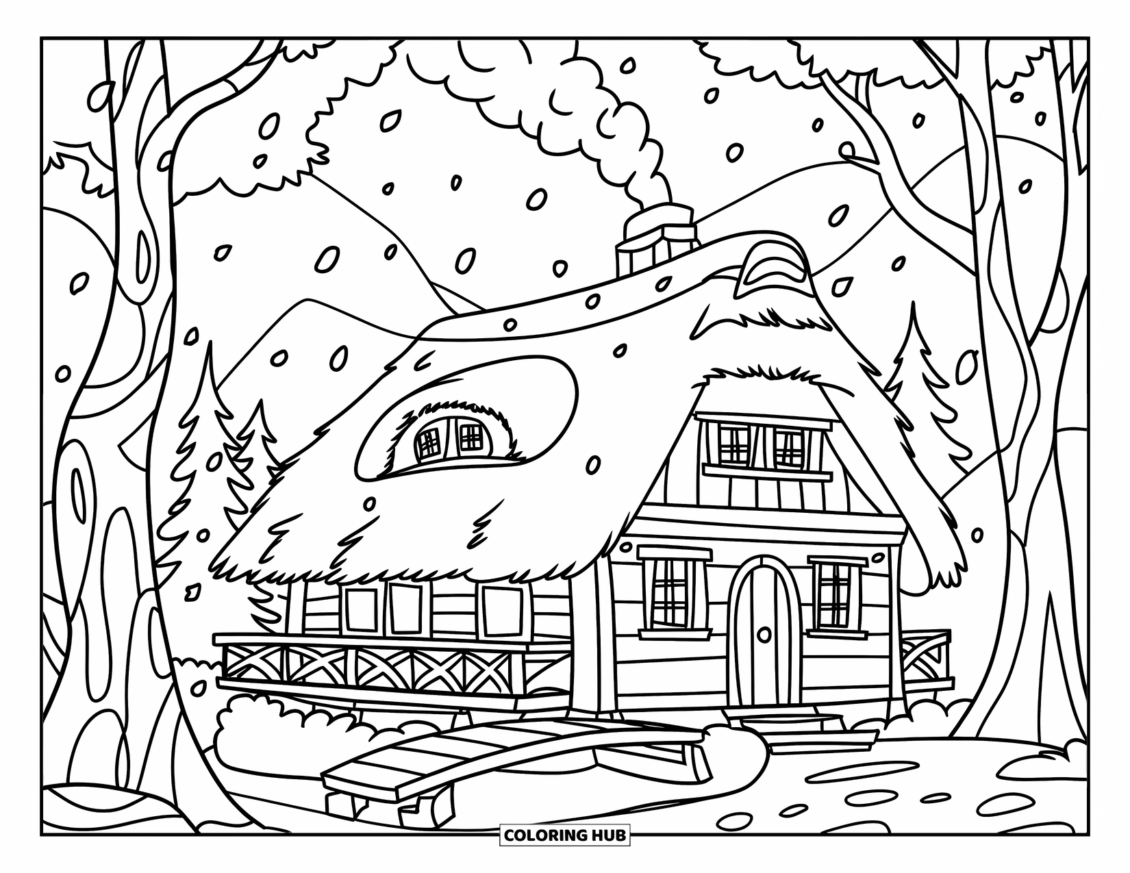 December Coloring Page for Kids: Snow falls gently on a cabin surrounded by trees and a mountain backdrop