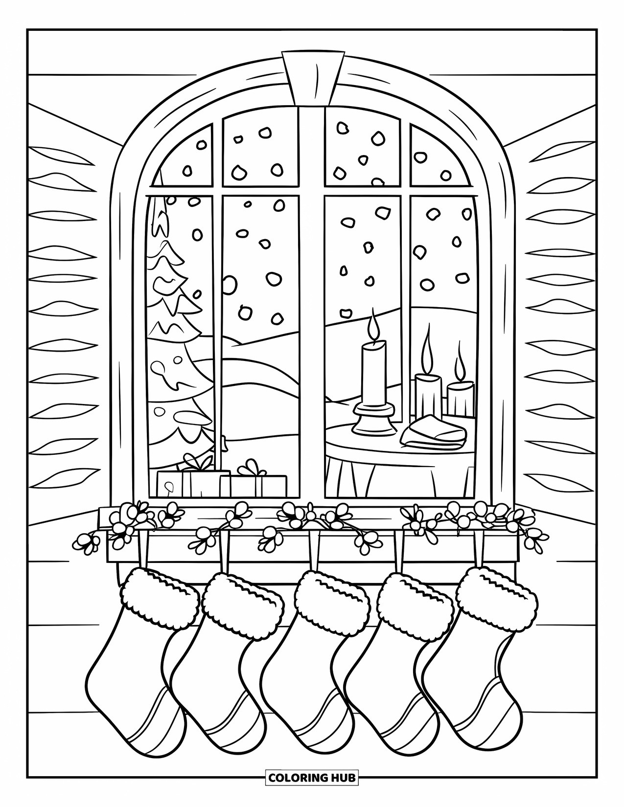 December Coloring Page for Kids: Stockings hang near a glowing window as snow falls gently outside