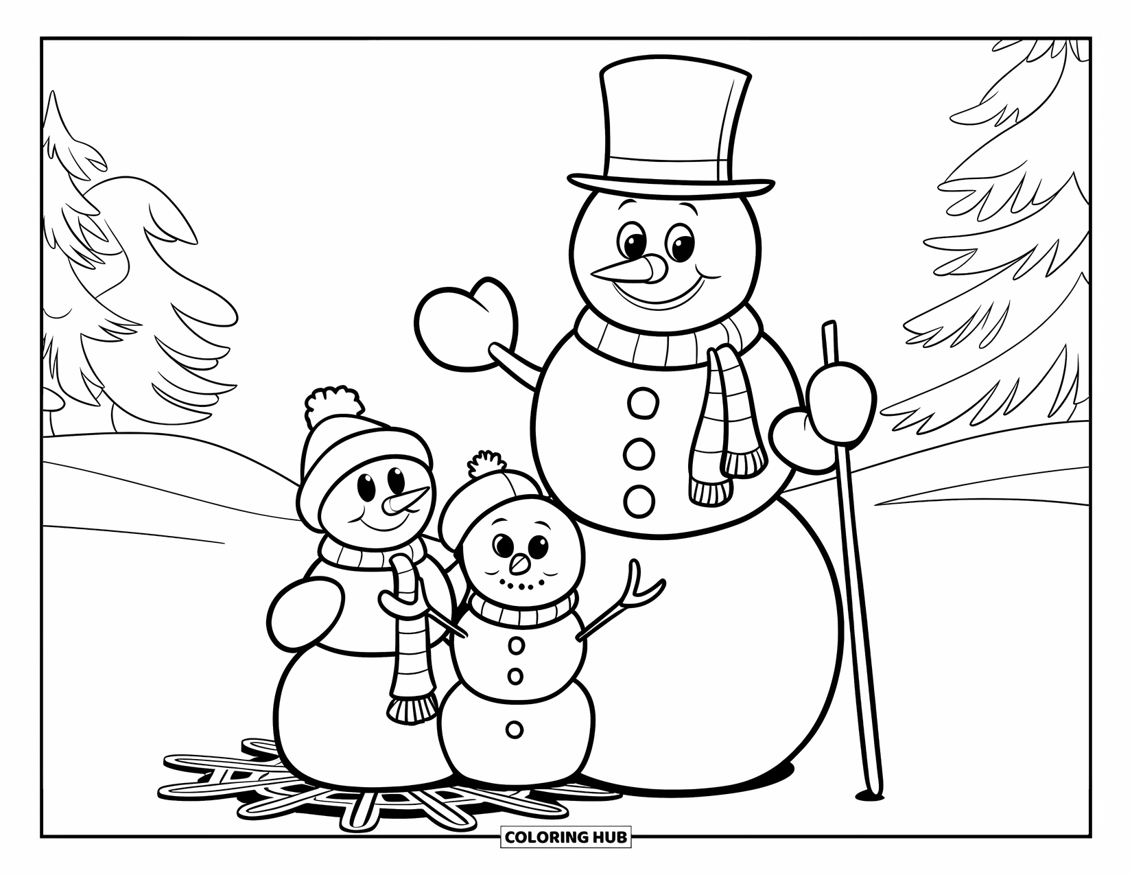 December Coloring Page for Kids: Three cheerful snowmen, each with cute accessories, stand on a snowy hillside