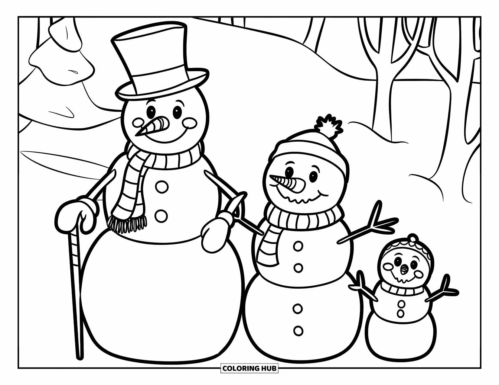 December Coloring Page for Kids: Three snowmen with unique outfits stand together in a snowy landscape