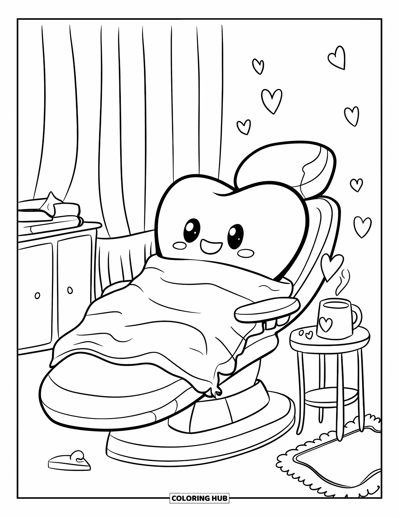 Dentist Coloring Page for Adults: A big molar snuggles under a blanket in a dentist chair with hearts and warm tea